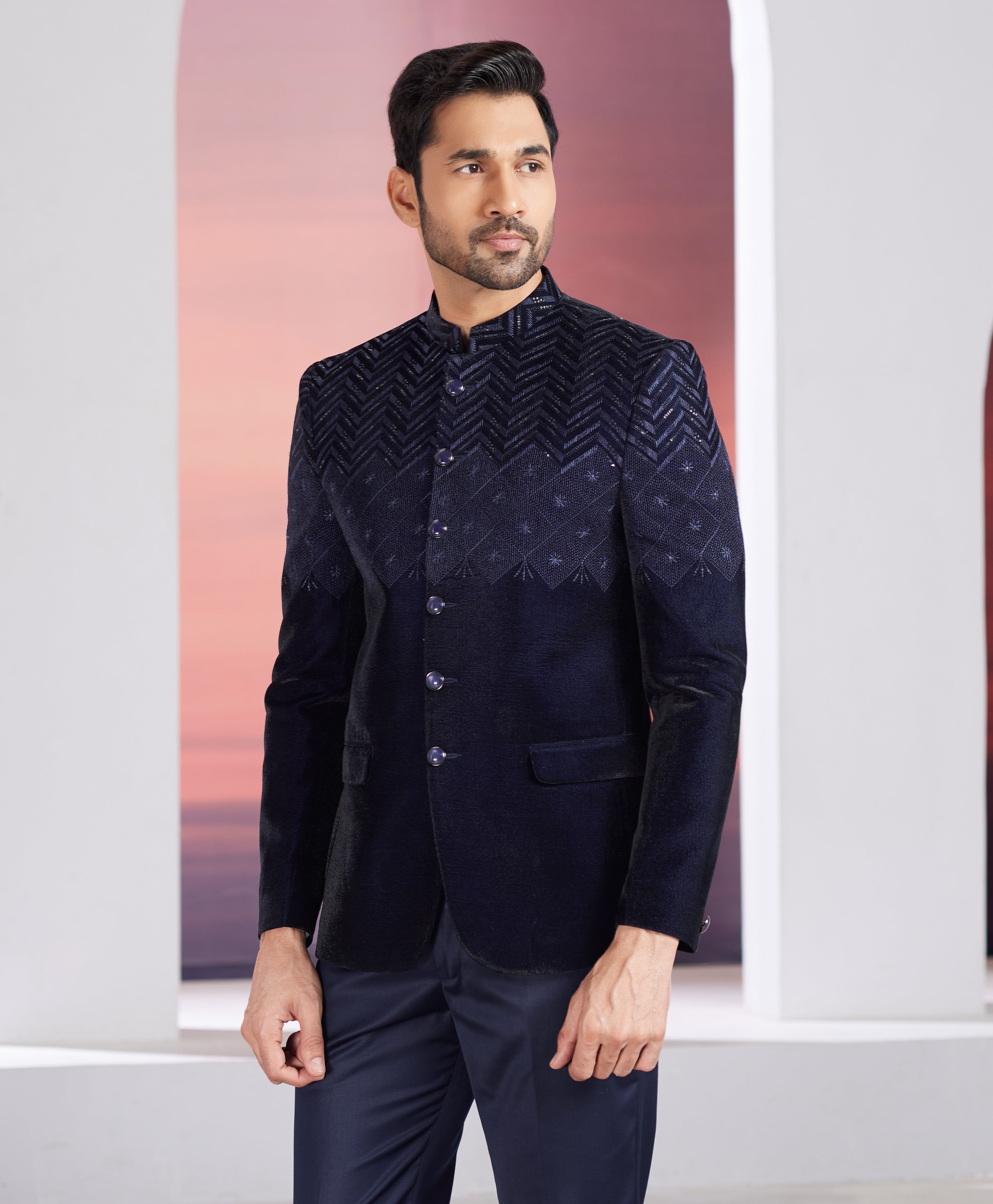 Blue men’s indo-western with embellishments