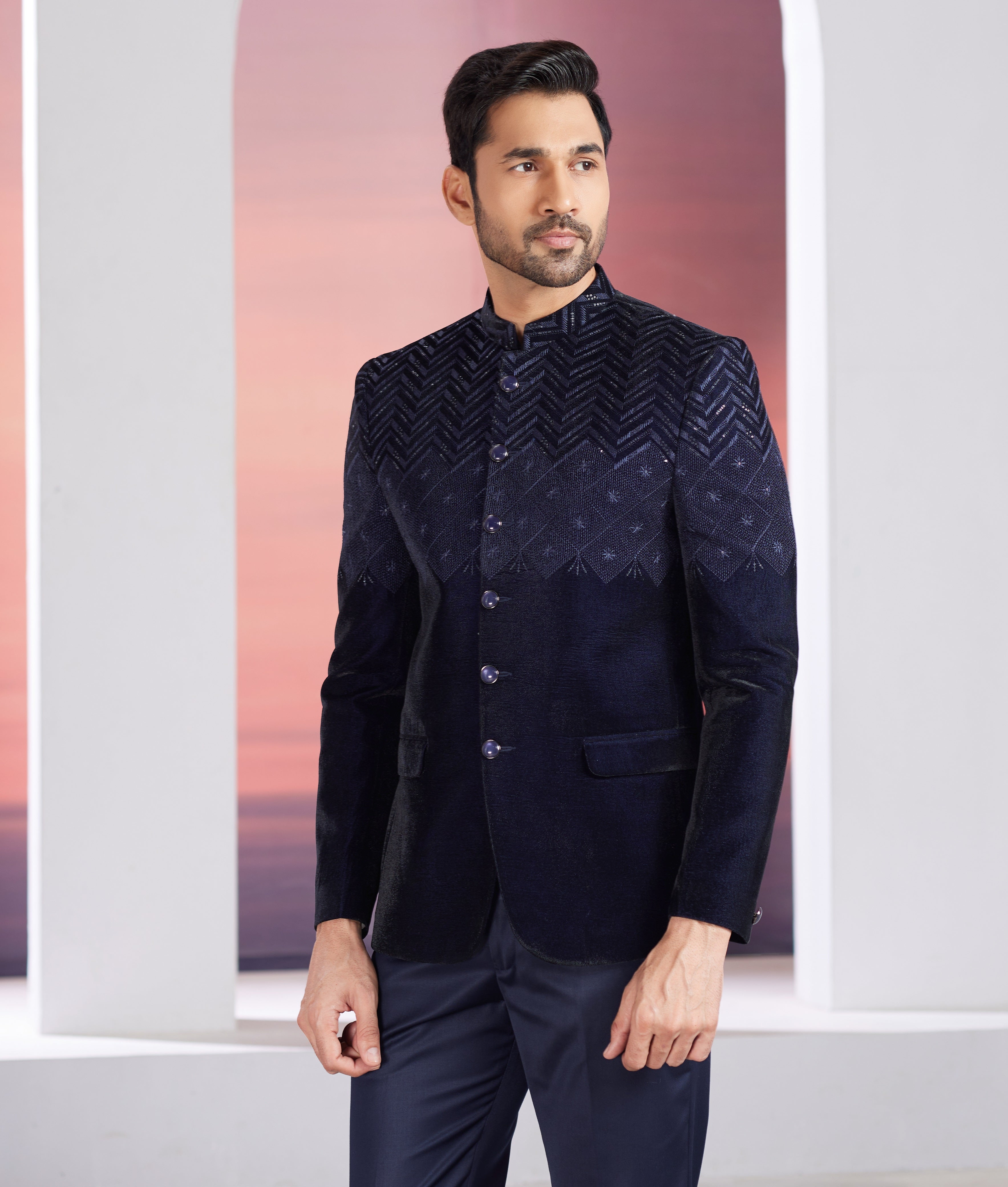 BLUE INDO-WESTERN JACKET SET WITH EMBELLISHMENTS