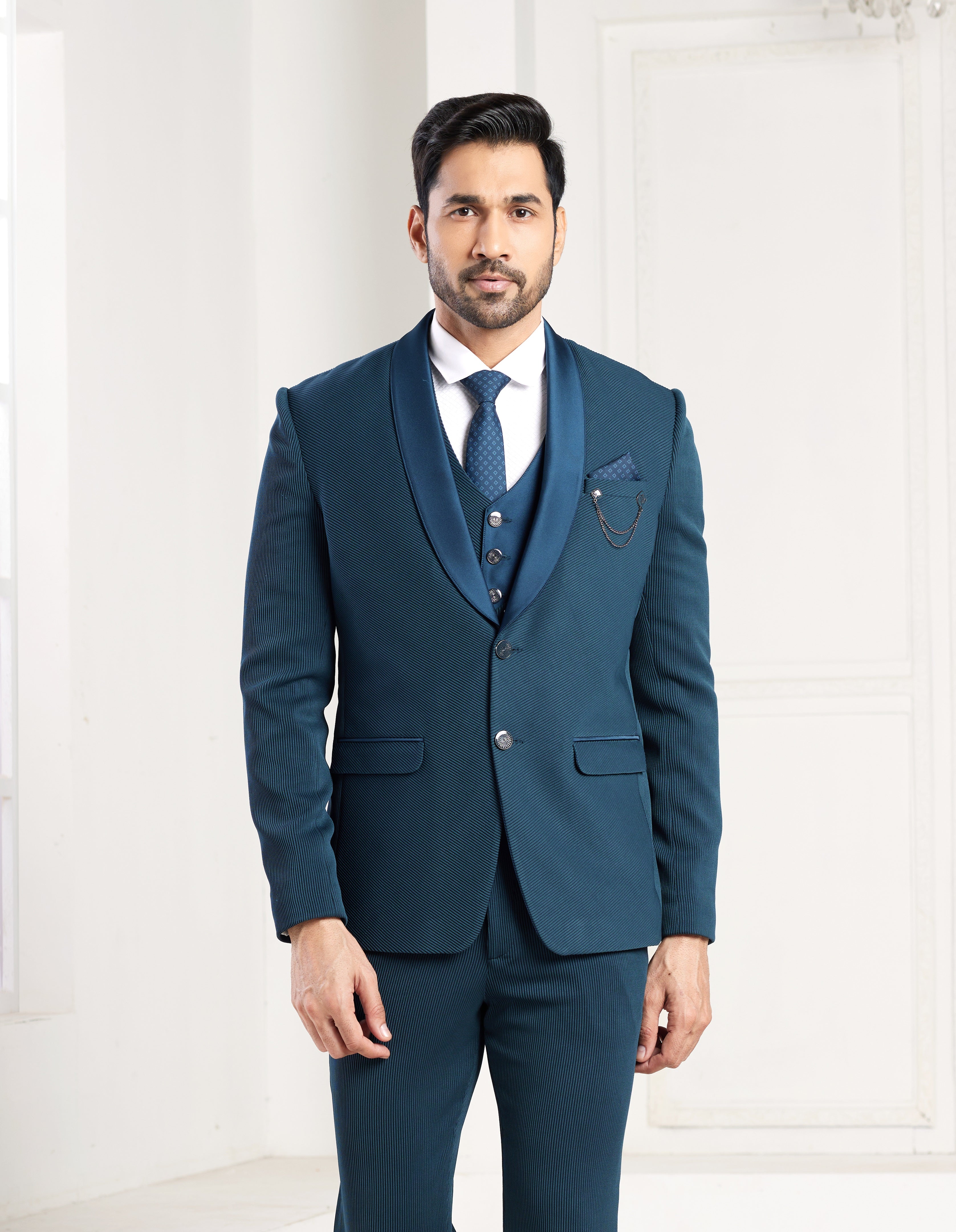 Blue mens tuxedo with waistcoat