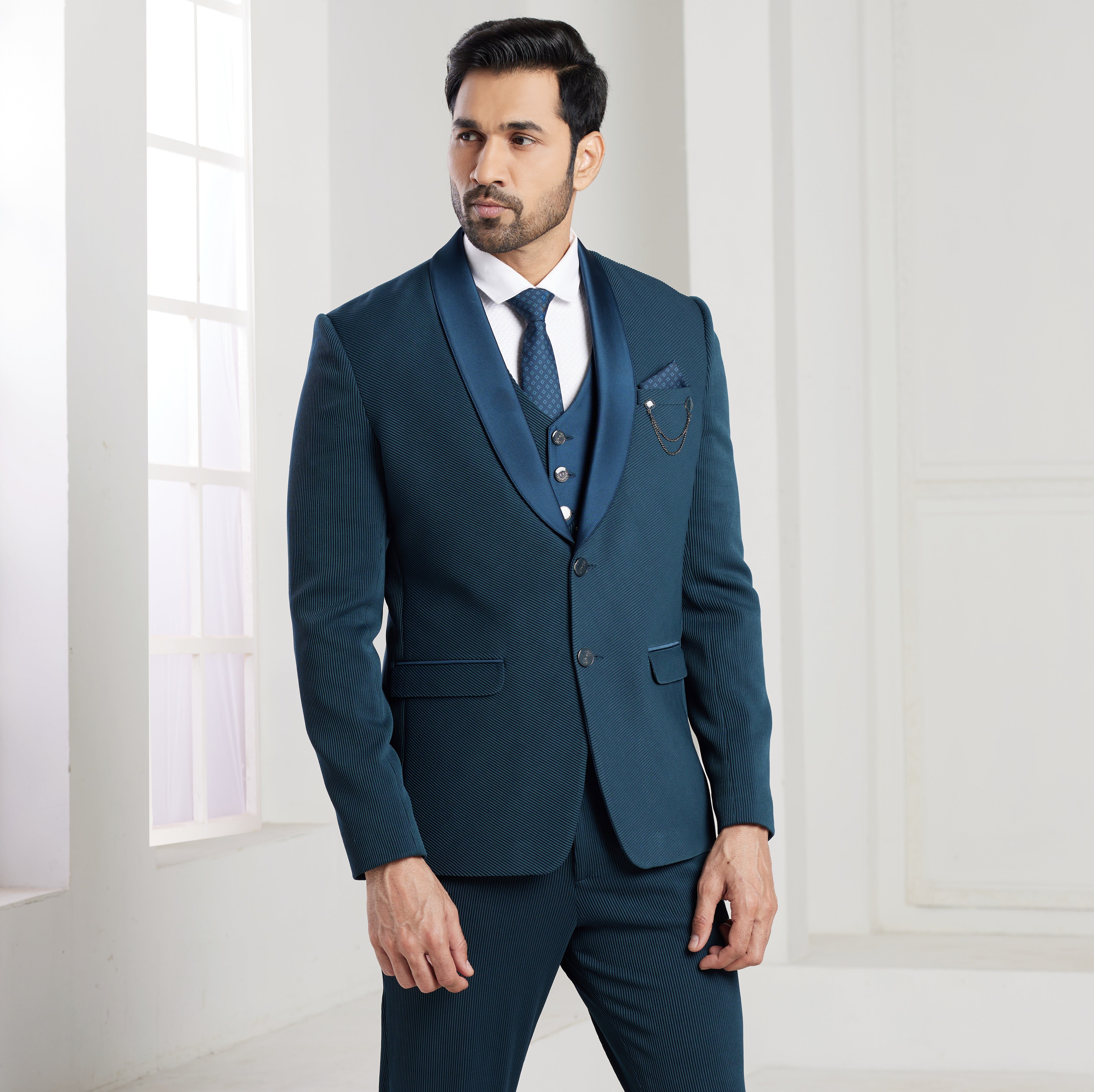 Blue mens tuxedo with waistcoat
