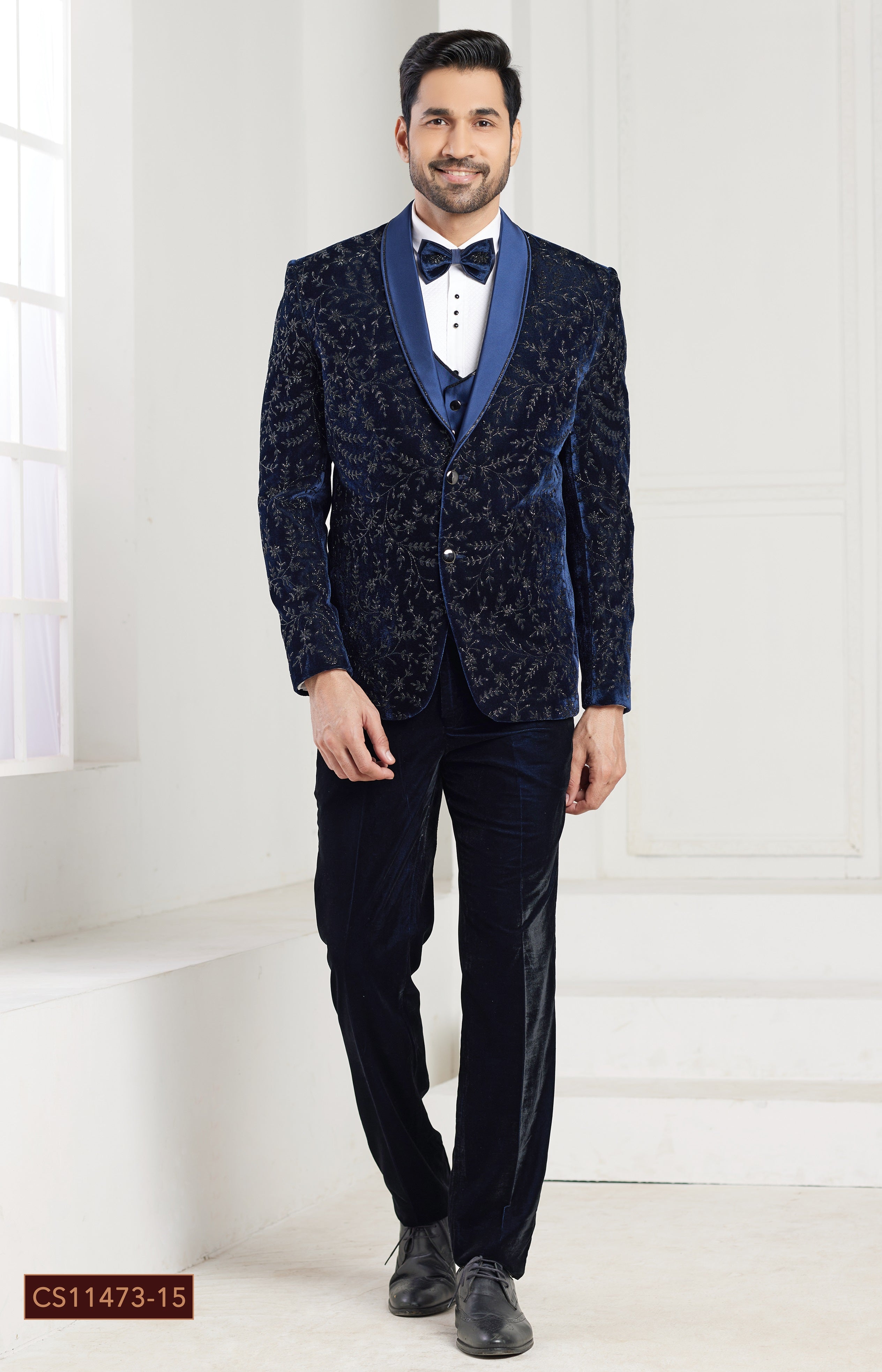 Blue men’s tuxedo with embroidery