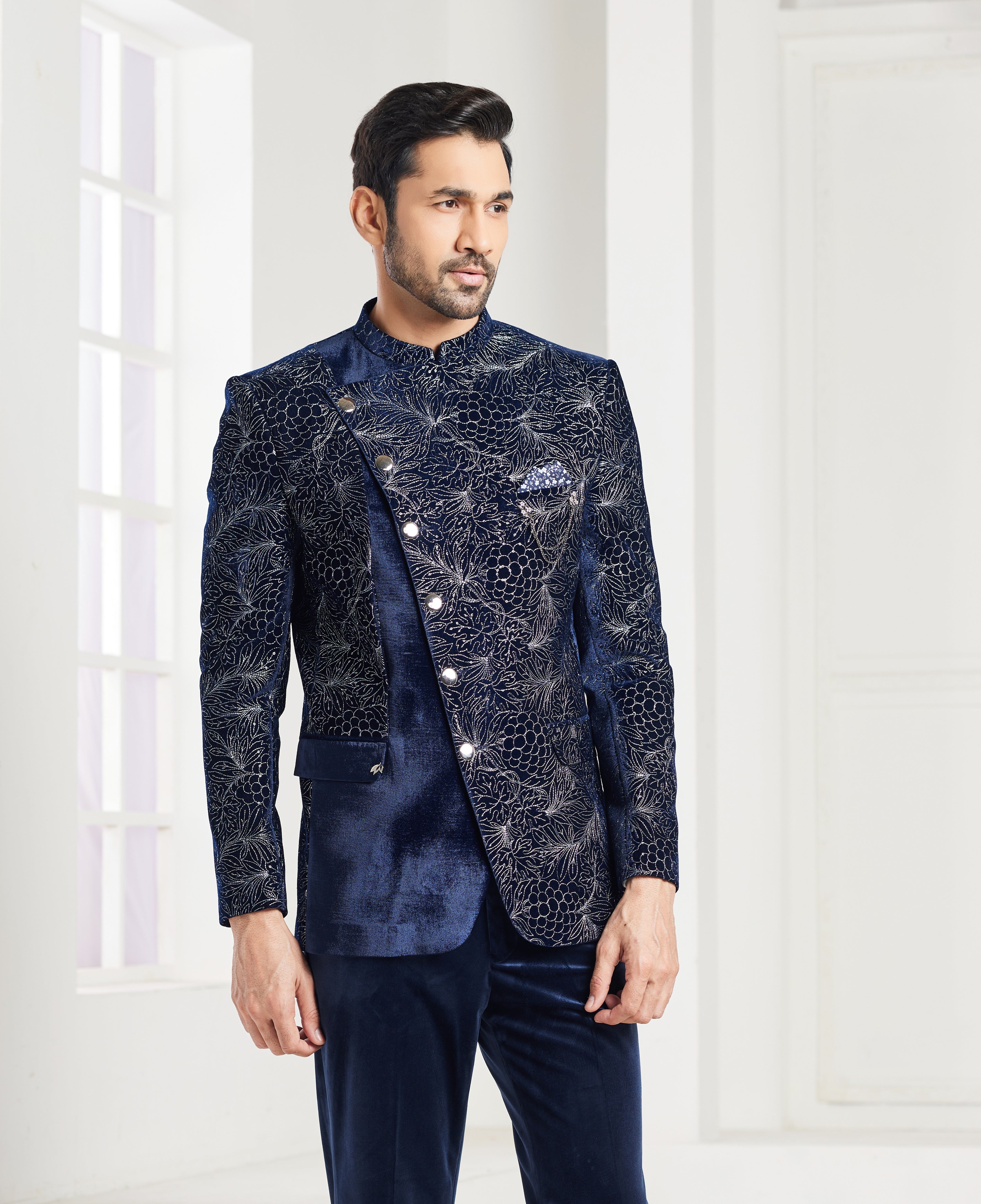 Blue indo-western jacket set with embellishments