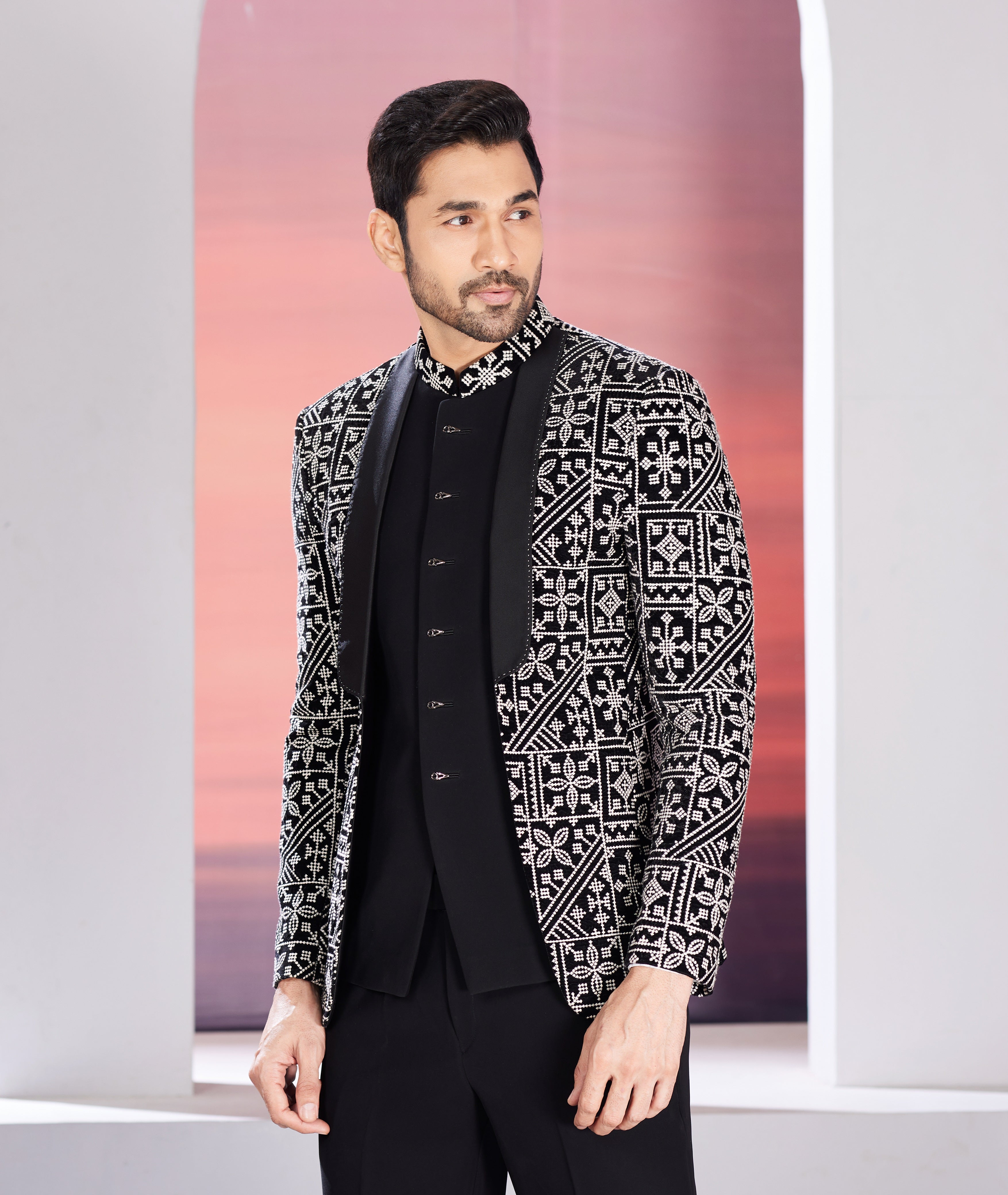 Black indo-western jacket set with embellishments