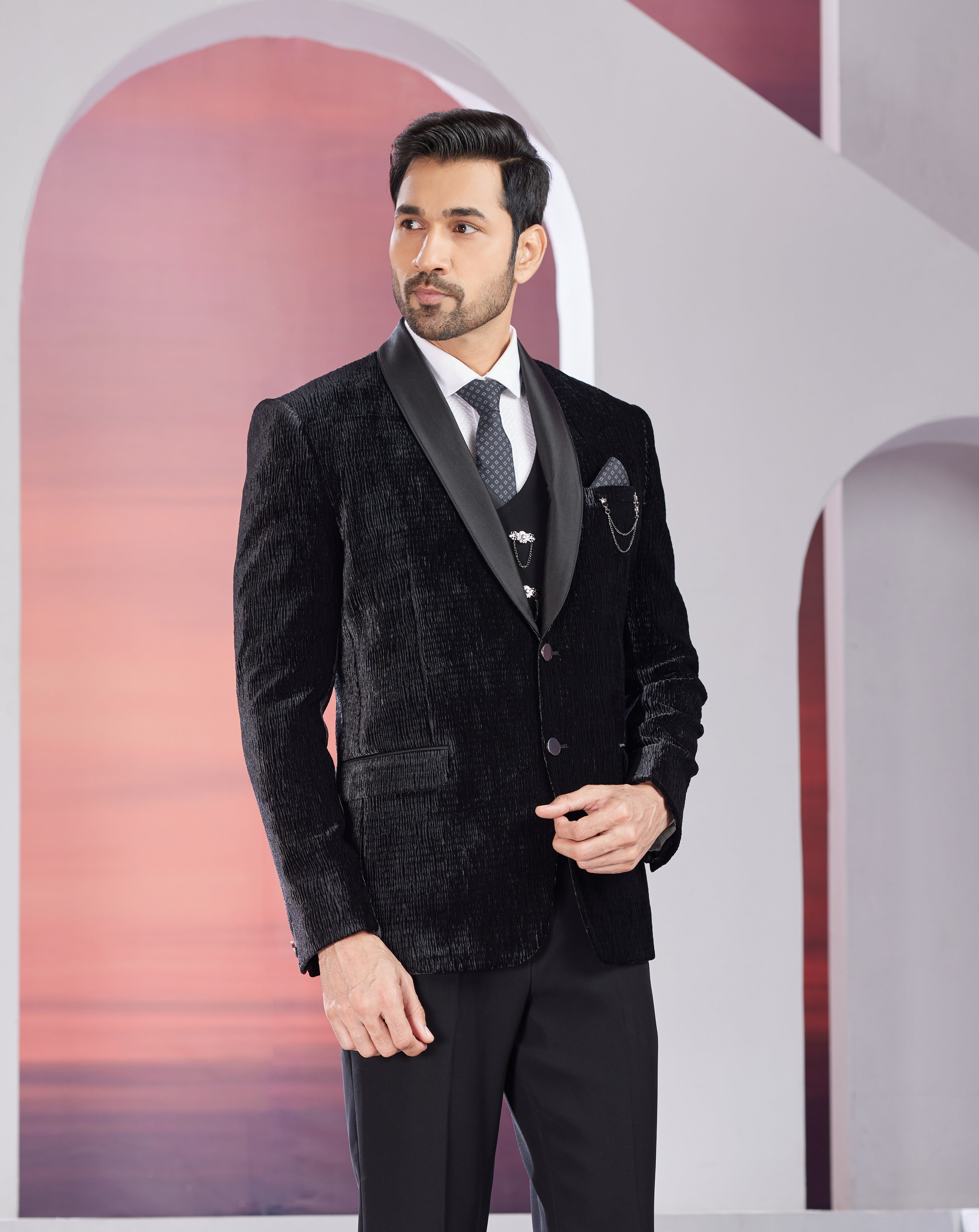 Black mens tuxedo with waistcoat