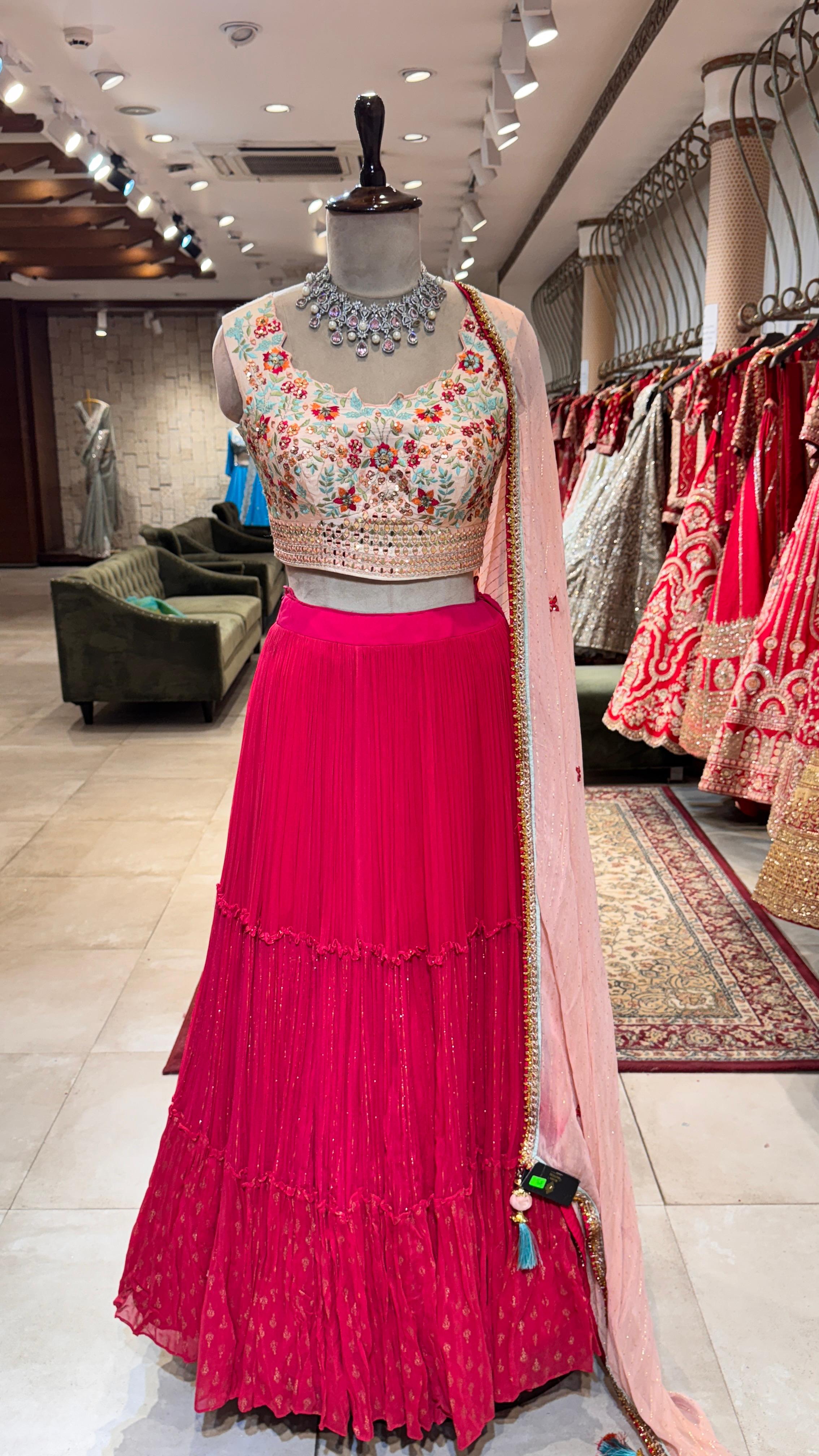 Peach and printed lehenga