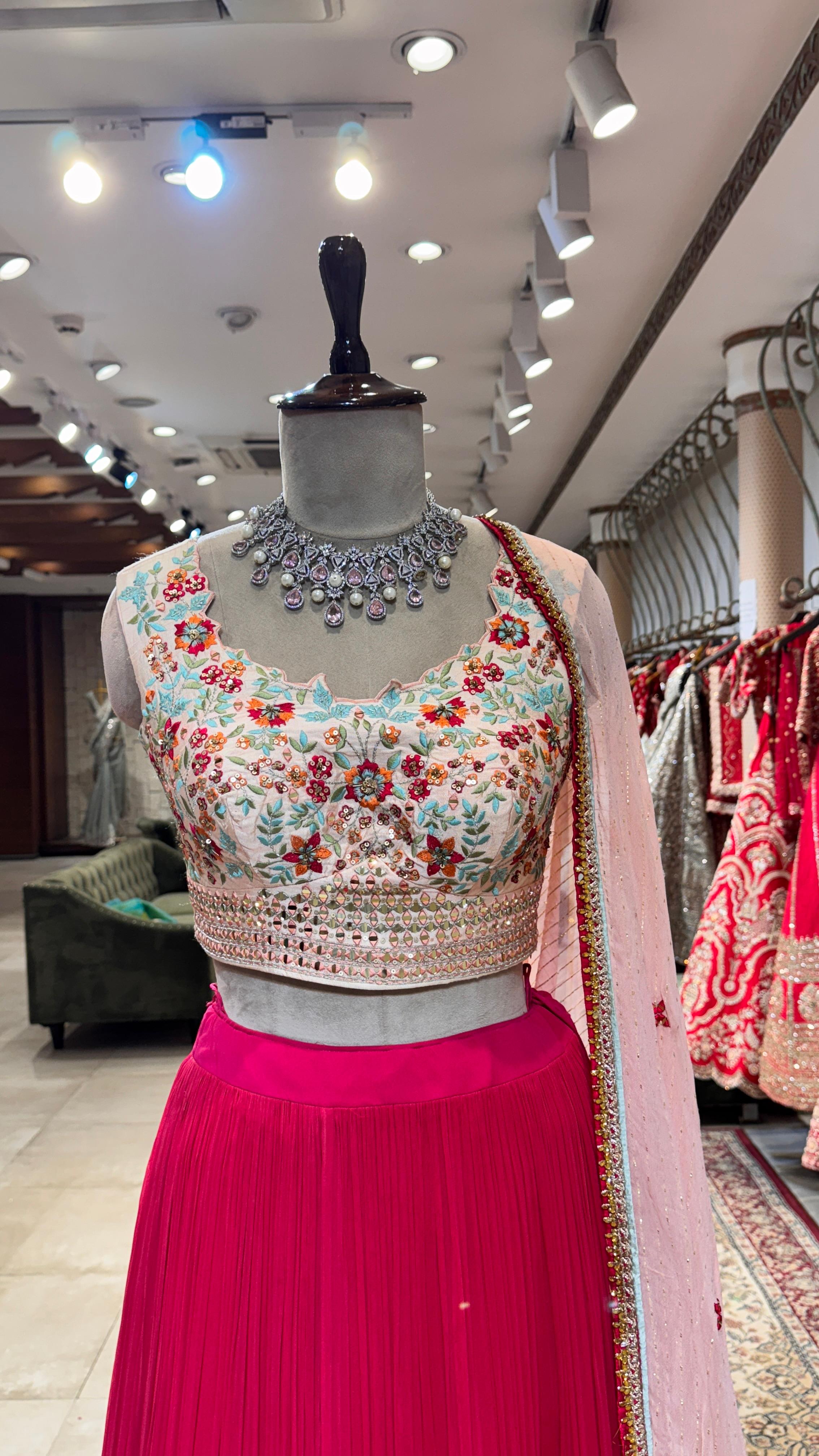 Peach and printed lehenga