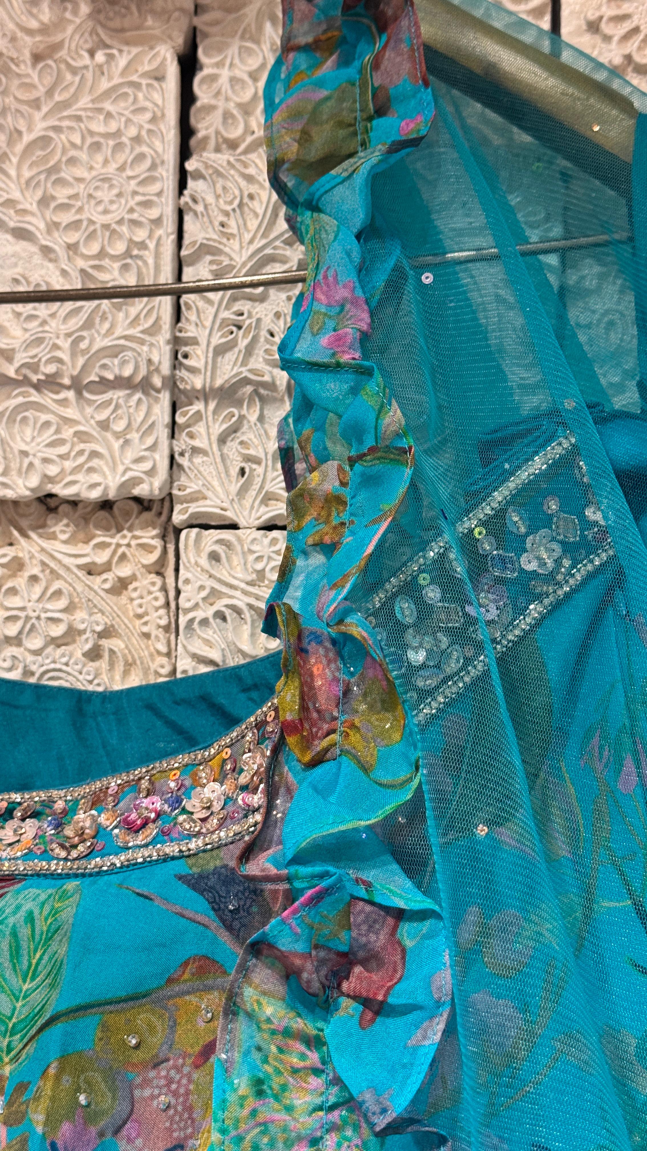 Blue floral print lehenga with embroidered blouse