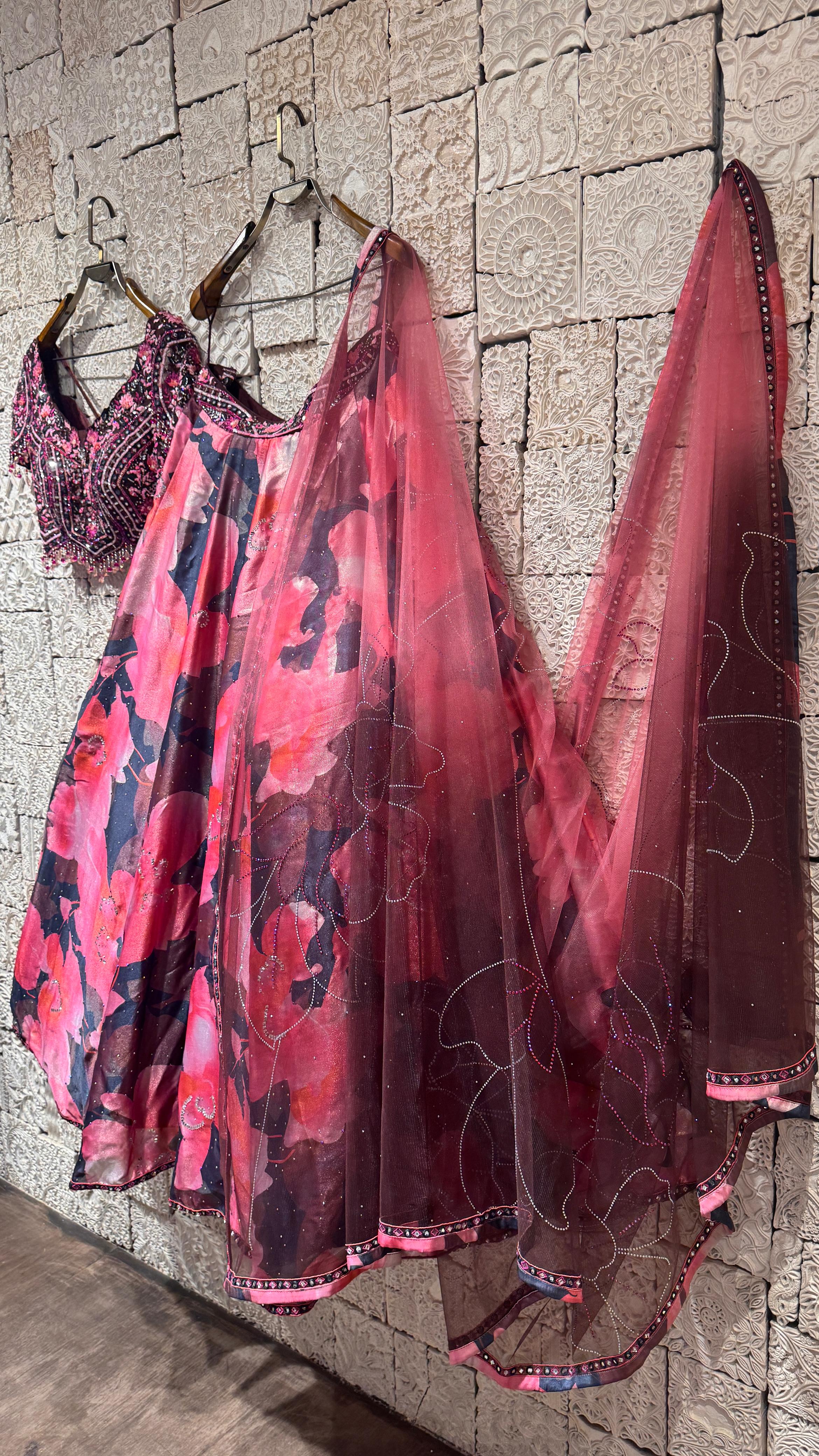 pink floral lehenga with embroidered blouse