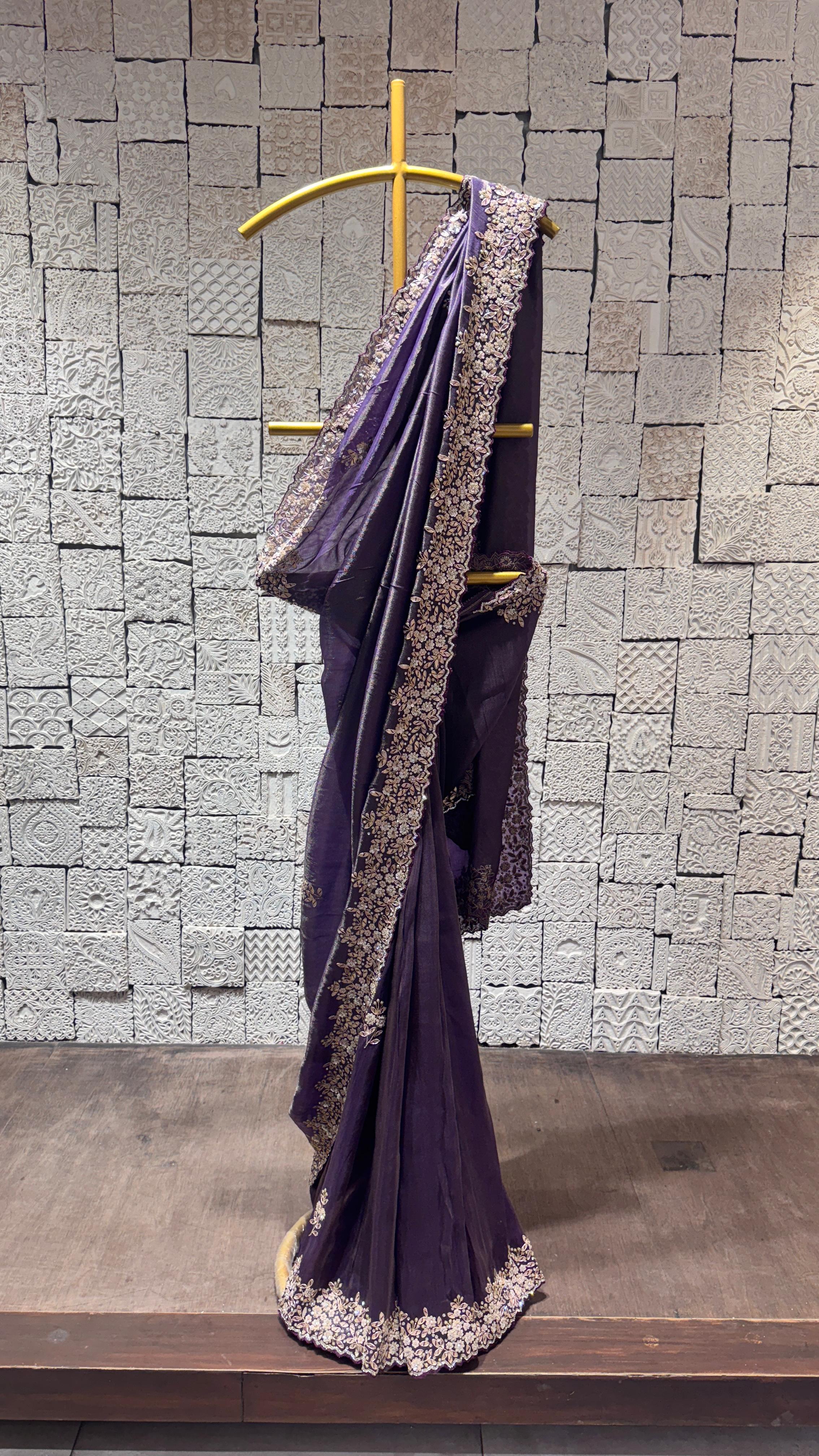 Deep Purple Saree with Embroidered Border and Designer Blouse