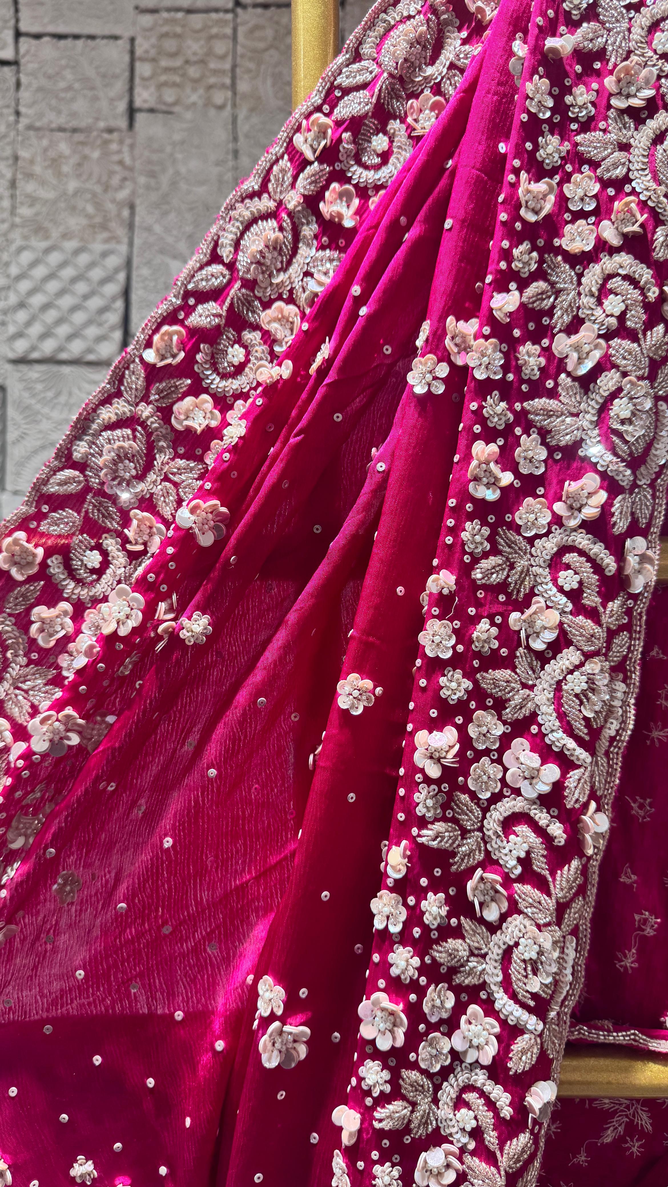 Rani Pink Saree with Heavy Floral Embroidered Border