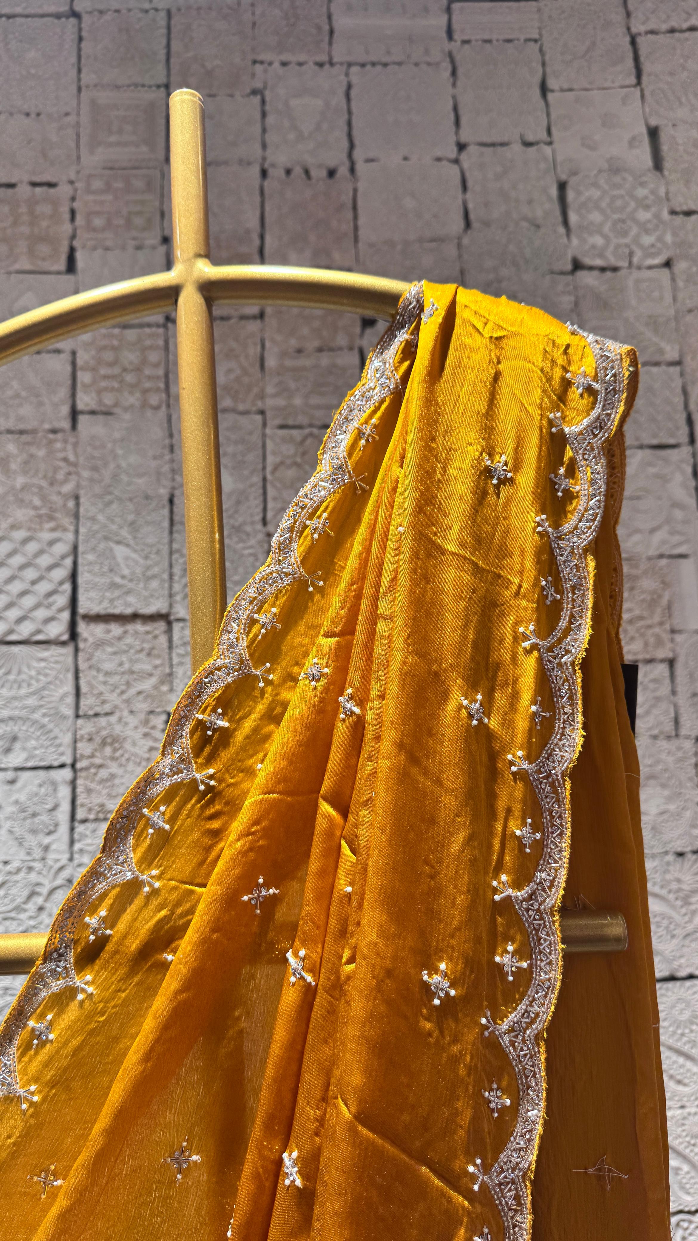 Mustard Yellow Saree with Embellished Border and Designer Blouse