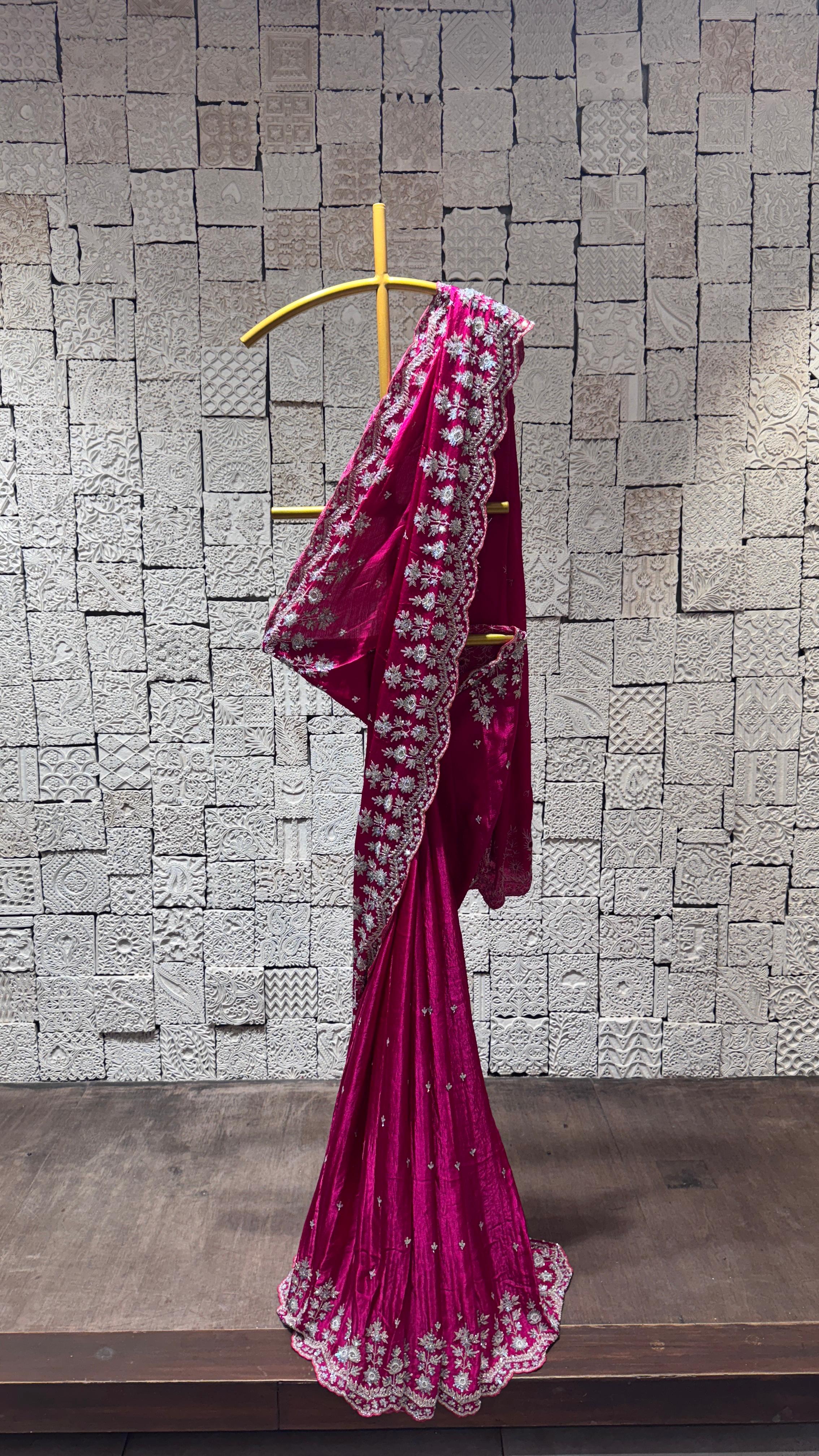 Rani Pink Saree with Heavy Floral Border and Designer Blouse