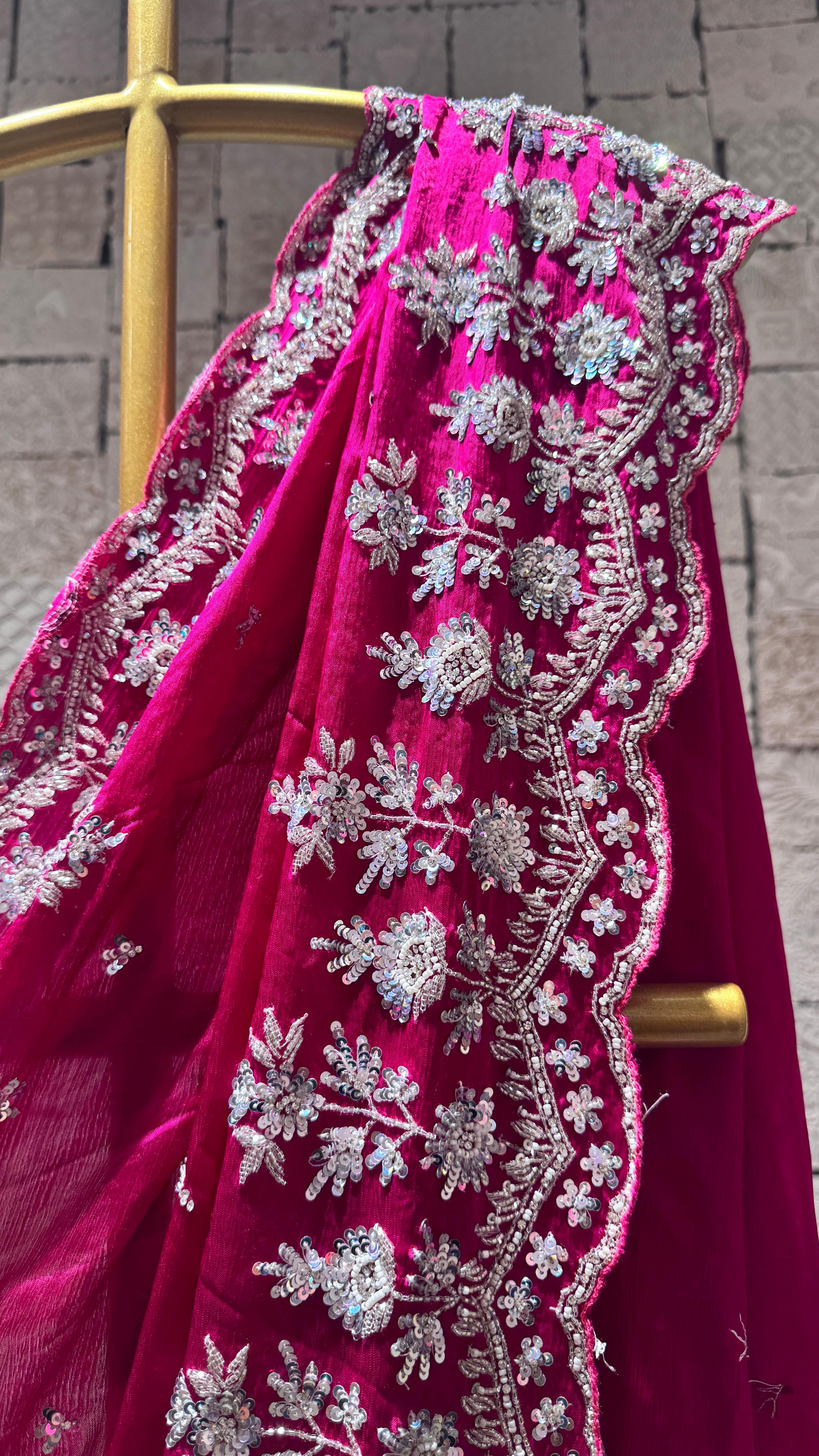 Rani Pink Saree with Heavy Floral Border and Designer Blouse