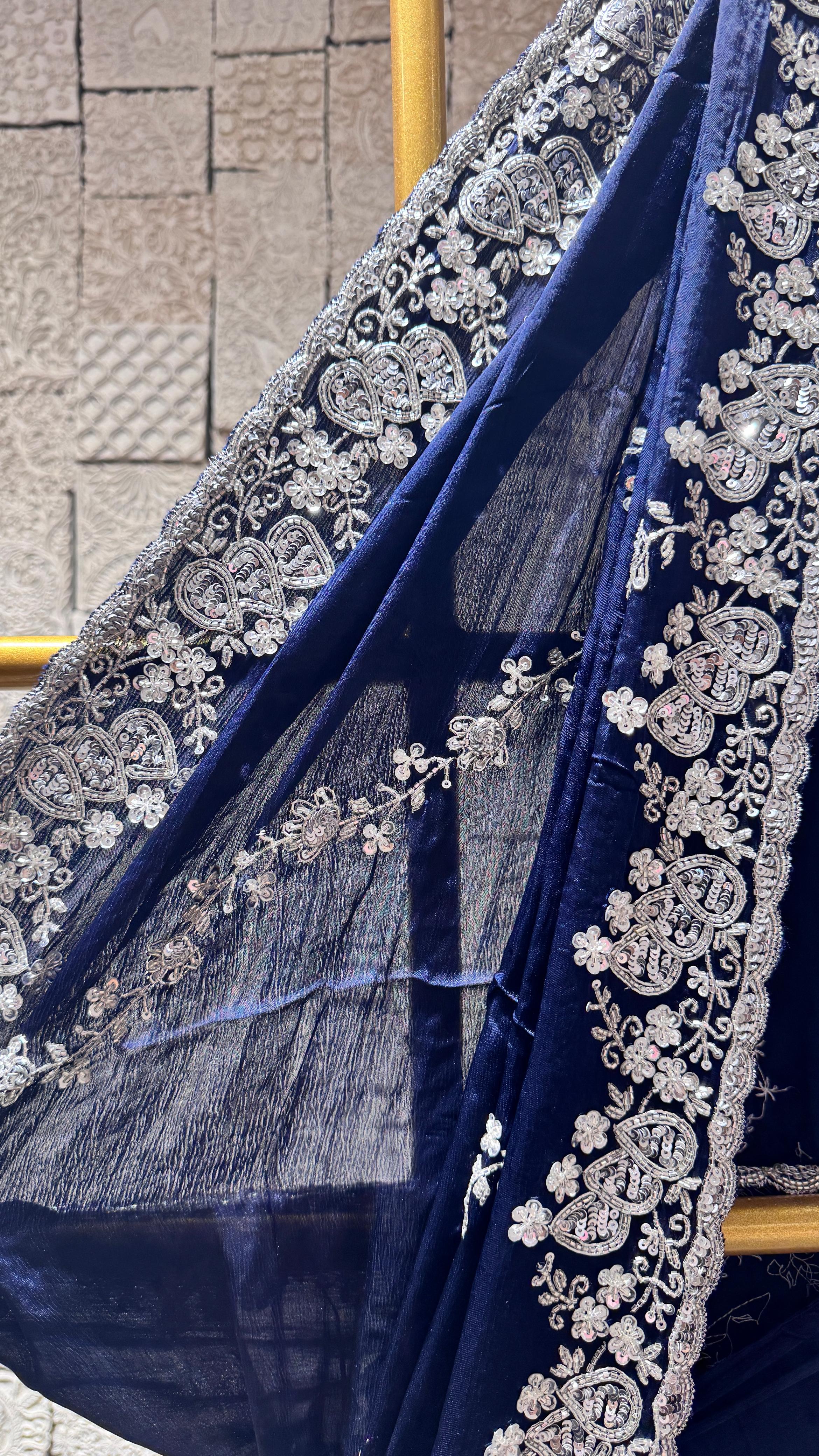 Navy blue saree with heavy floral border