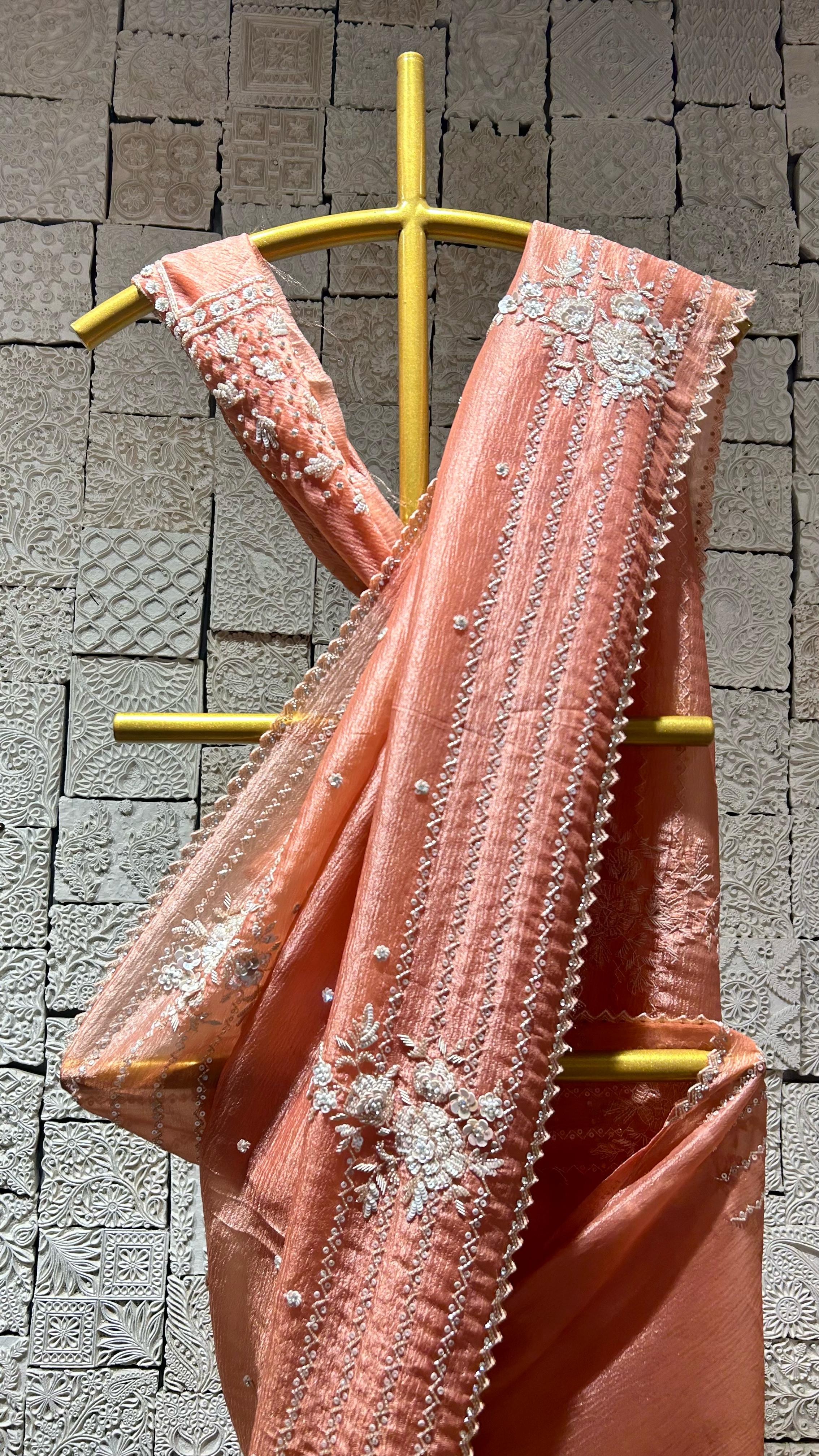 Gajri color saree with zig-zag border