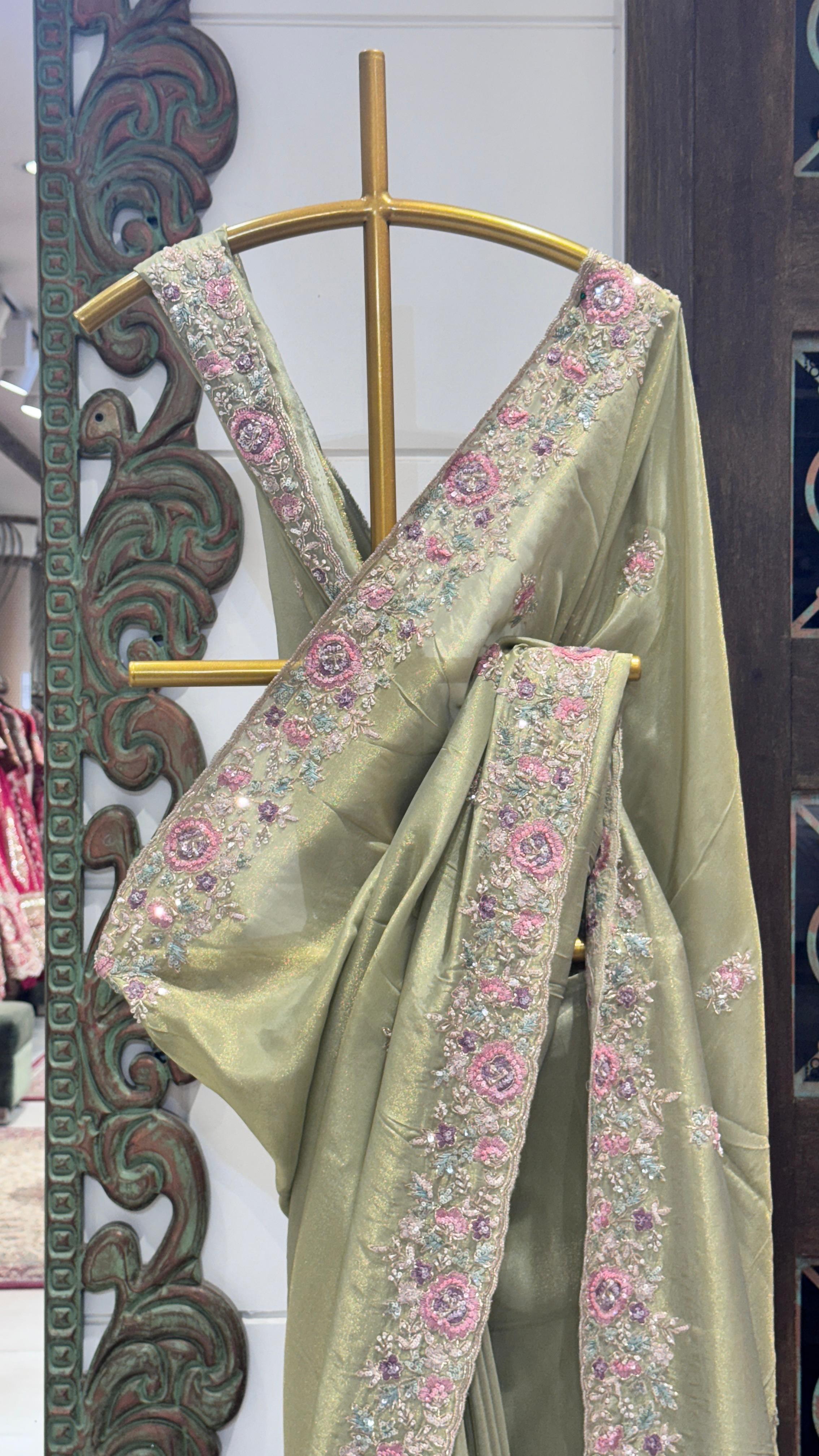 Green saree with floral border