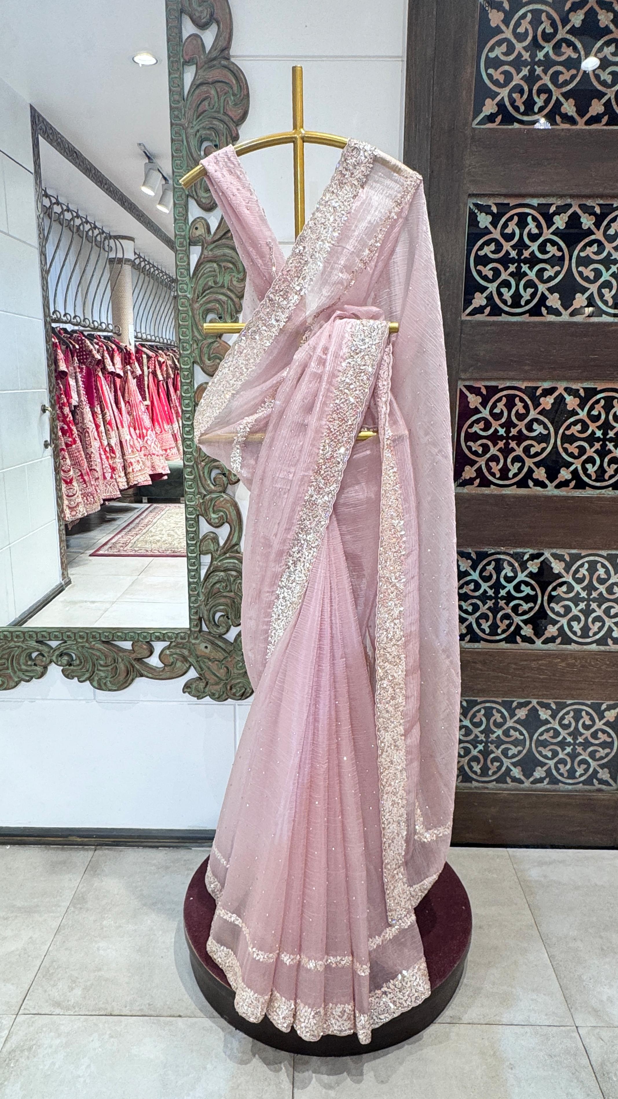 Pink saree with sequience border