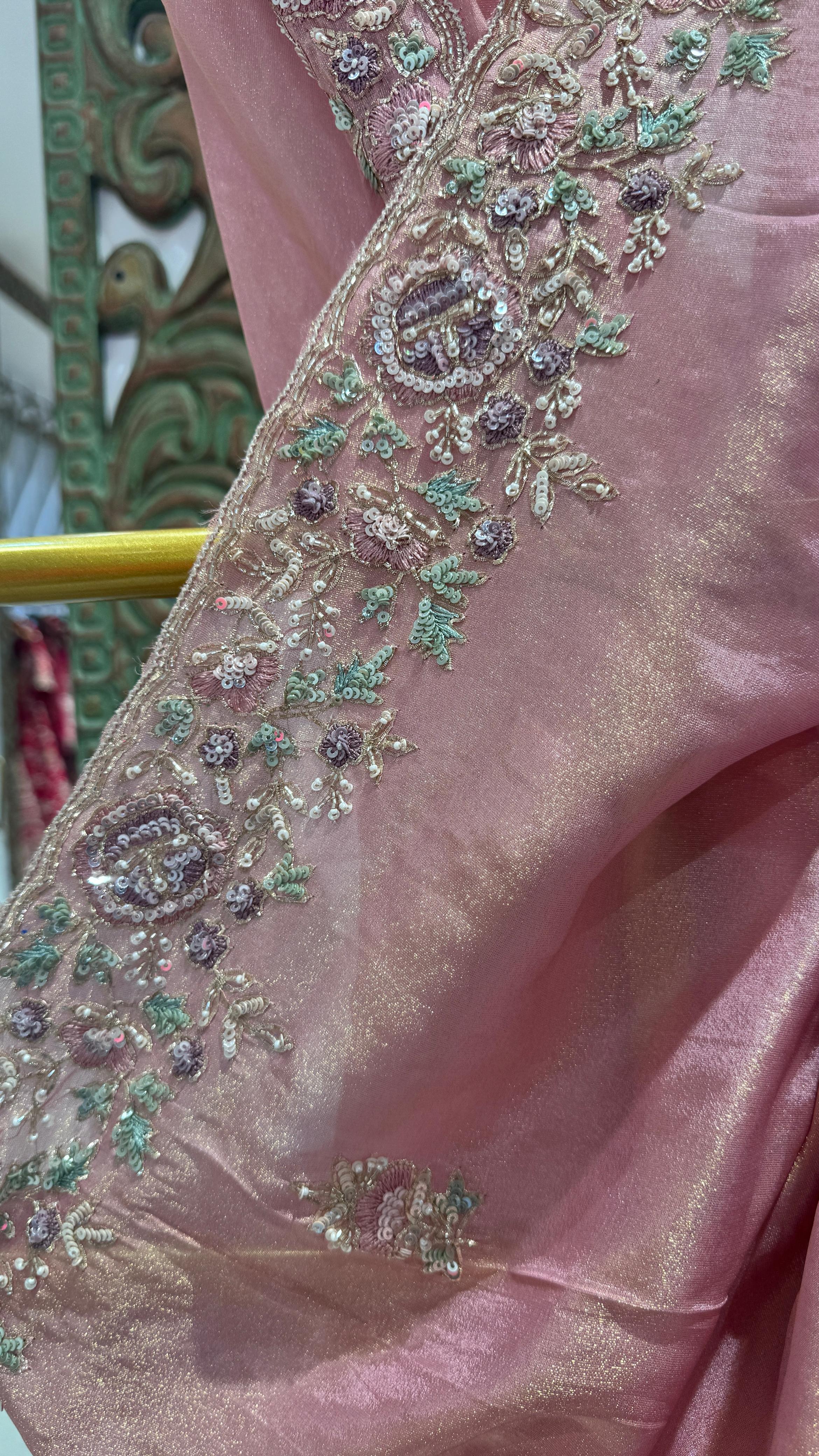 Pink saree with floral border