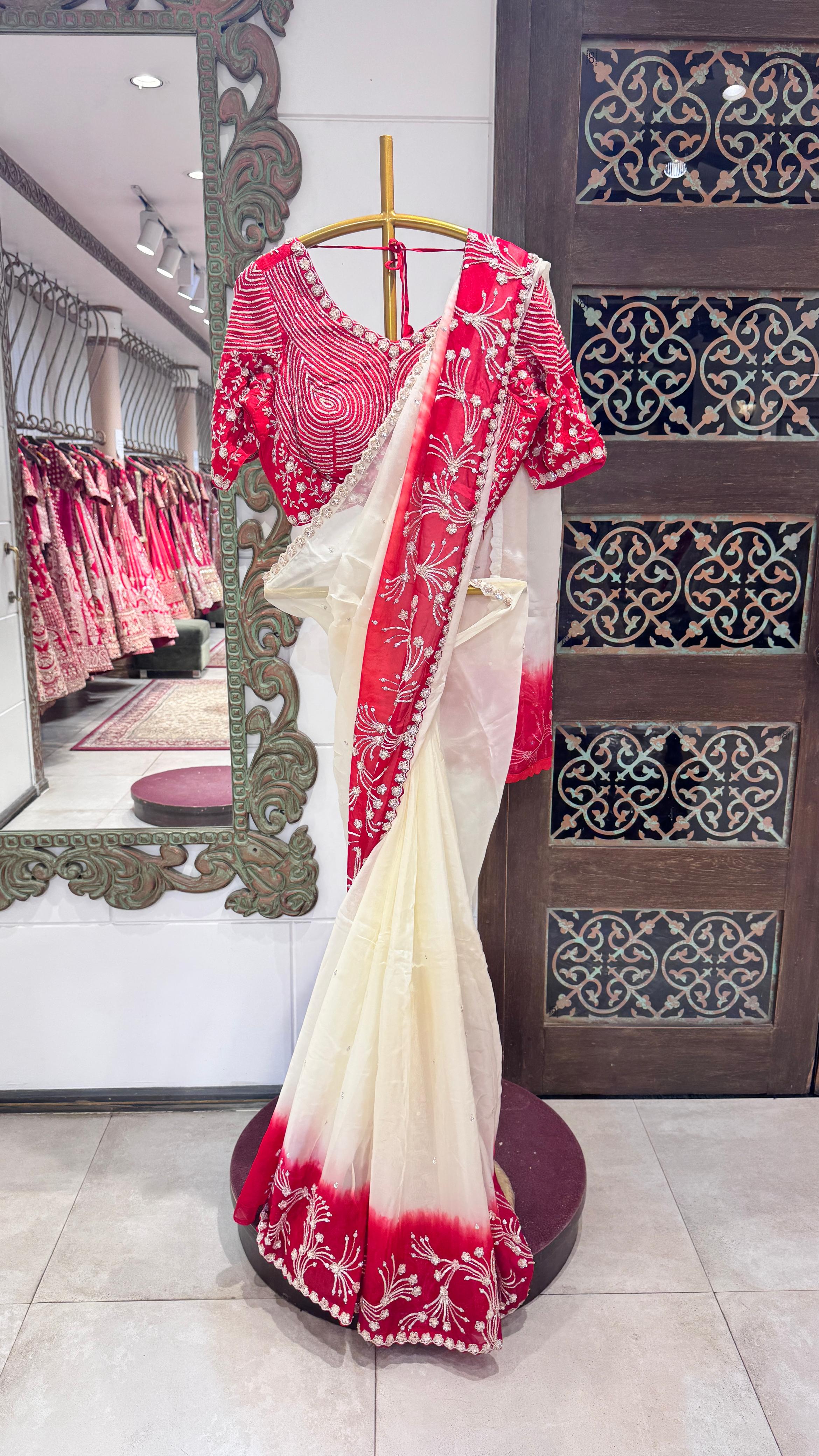 Red saree with floral border