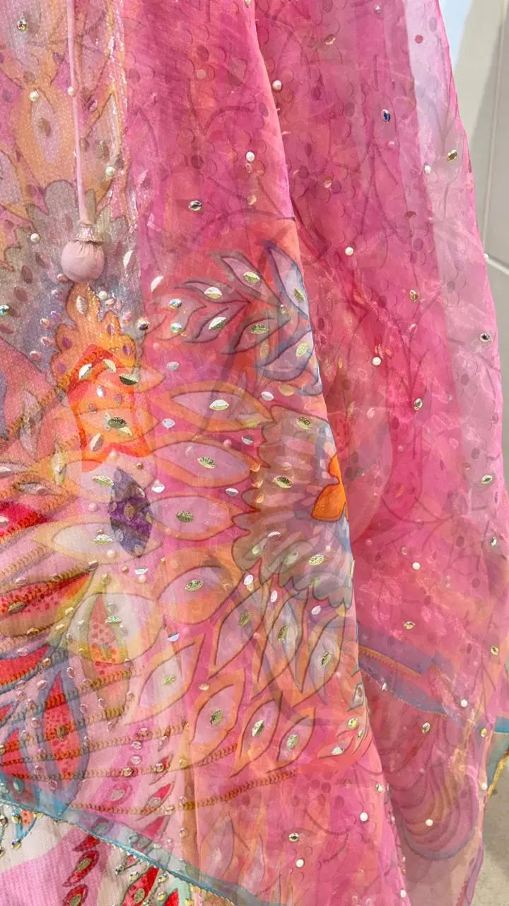 Pretty Pink Multicolor Embroidered Party Wear Lehenga