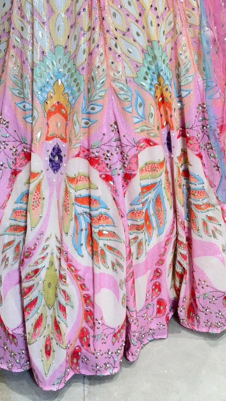 Pretty Pink Multicolor Embroidered Party Wear Lehenga