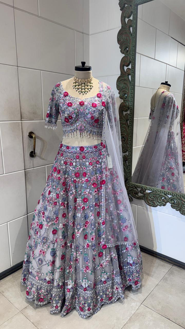Grey and red flower lehenga