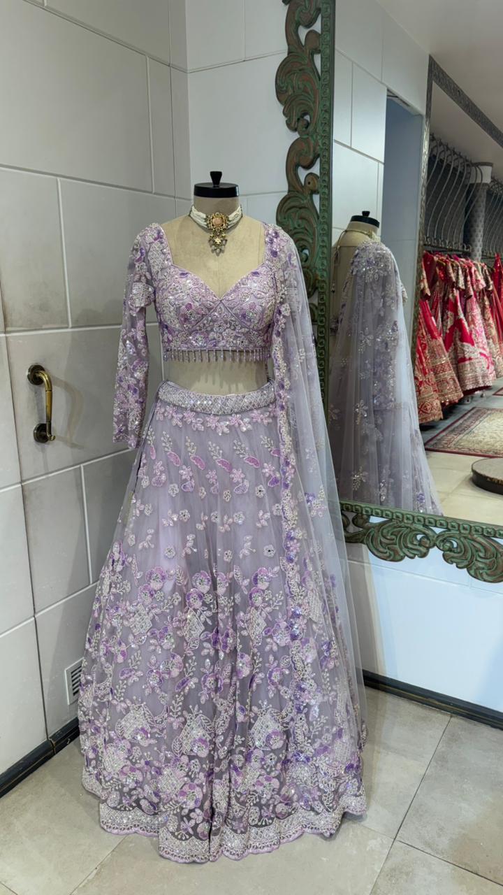 Lilac Embroidered Net Lehenga