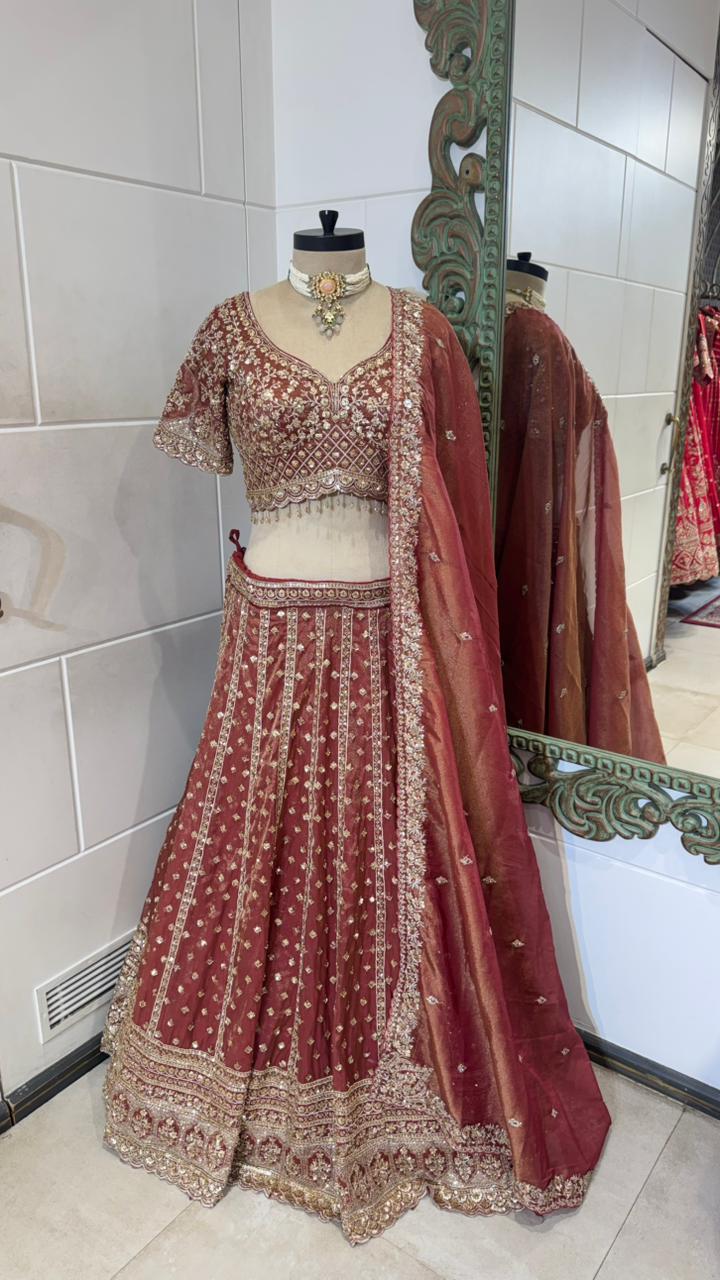 Rust Red Zardozi Embroidered Lehenga