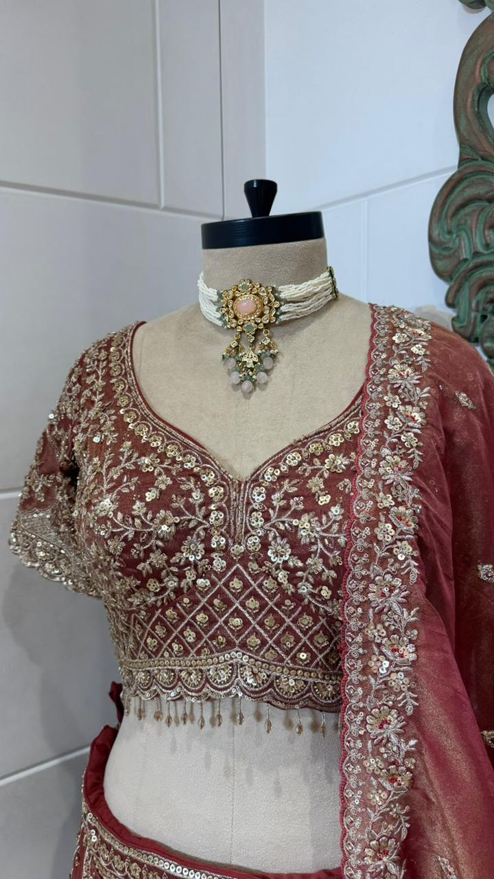 Rust Red Zardozi Embroidered Lehenga