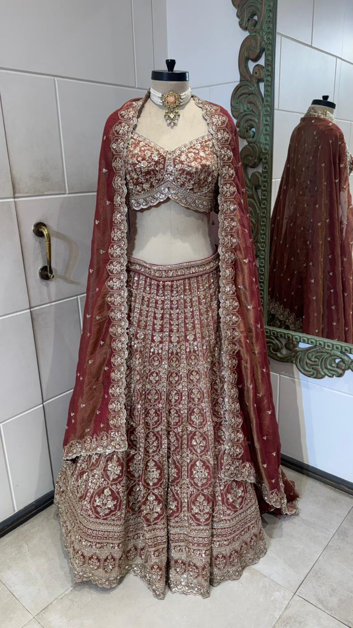 Maroon Hand-Embroidered Zardozi Velvet Bridal Lehenga Set