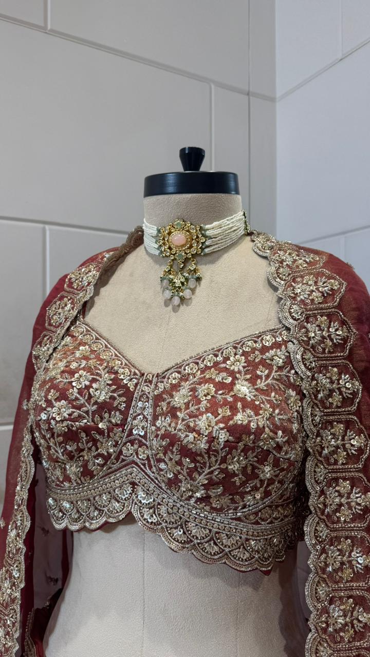 Maroon Hand-Embroidered Zardozi Velvet Bridal Lehenga Set