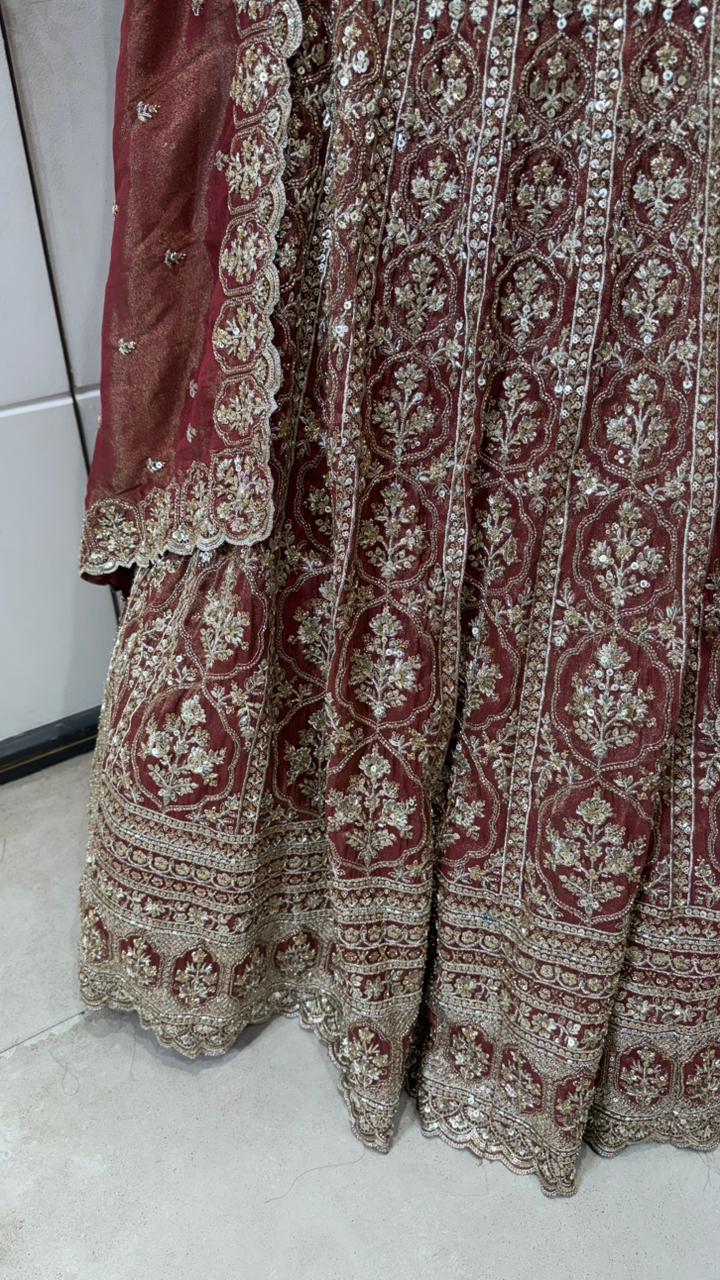 Maroon Hand-Embroidered Zardozi Velvet Bridal Lehenga Set