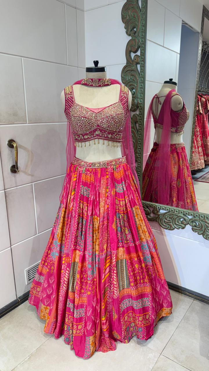 Vibrant Pink Multi-Patterned Festive Lehenga