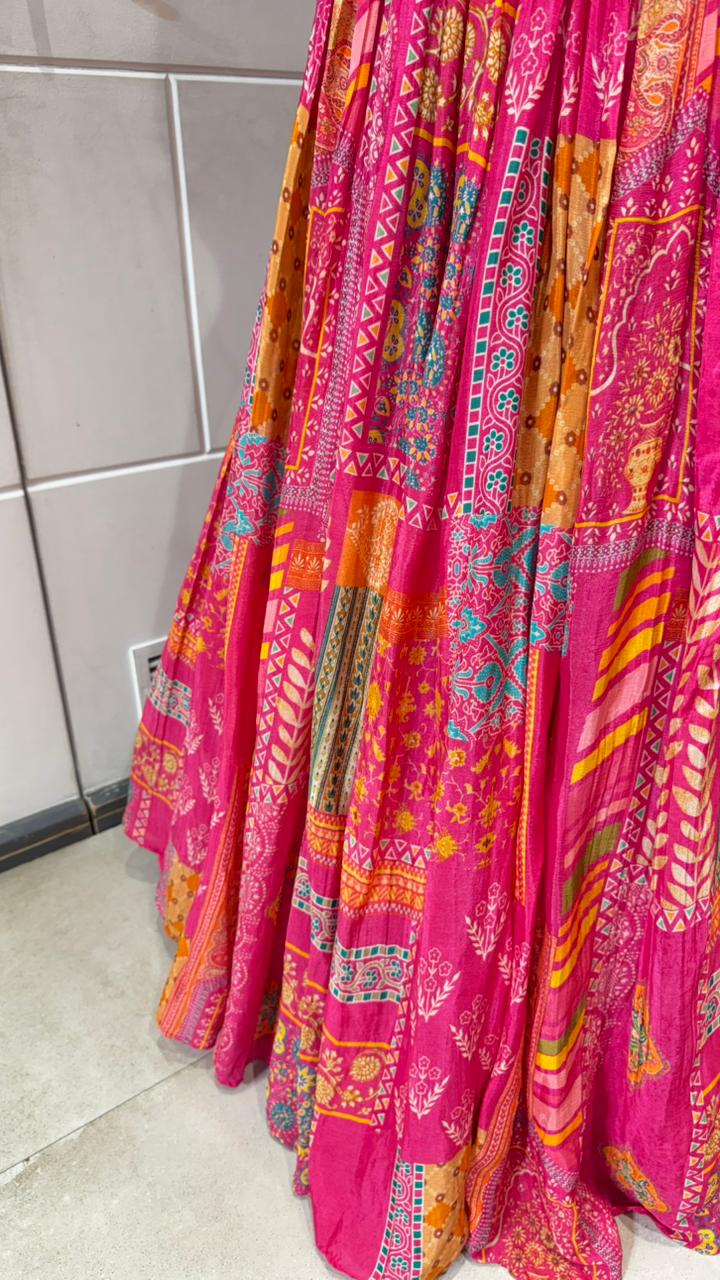 Vibrant Pink Multi-Patterned Festive Lehenga