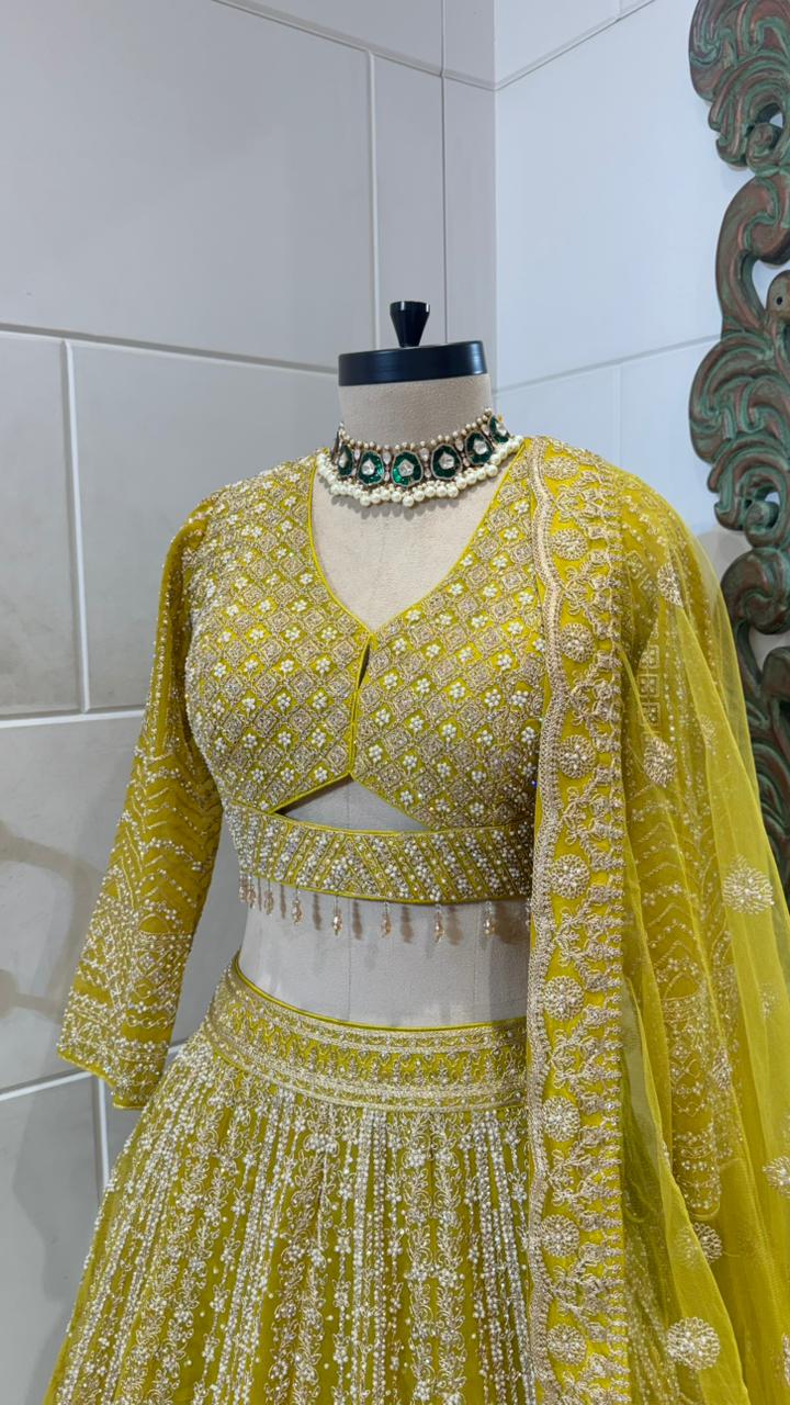 Lime Yellow Embroidered Lehenga with Intricate Zari Detailing