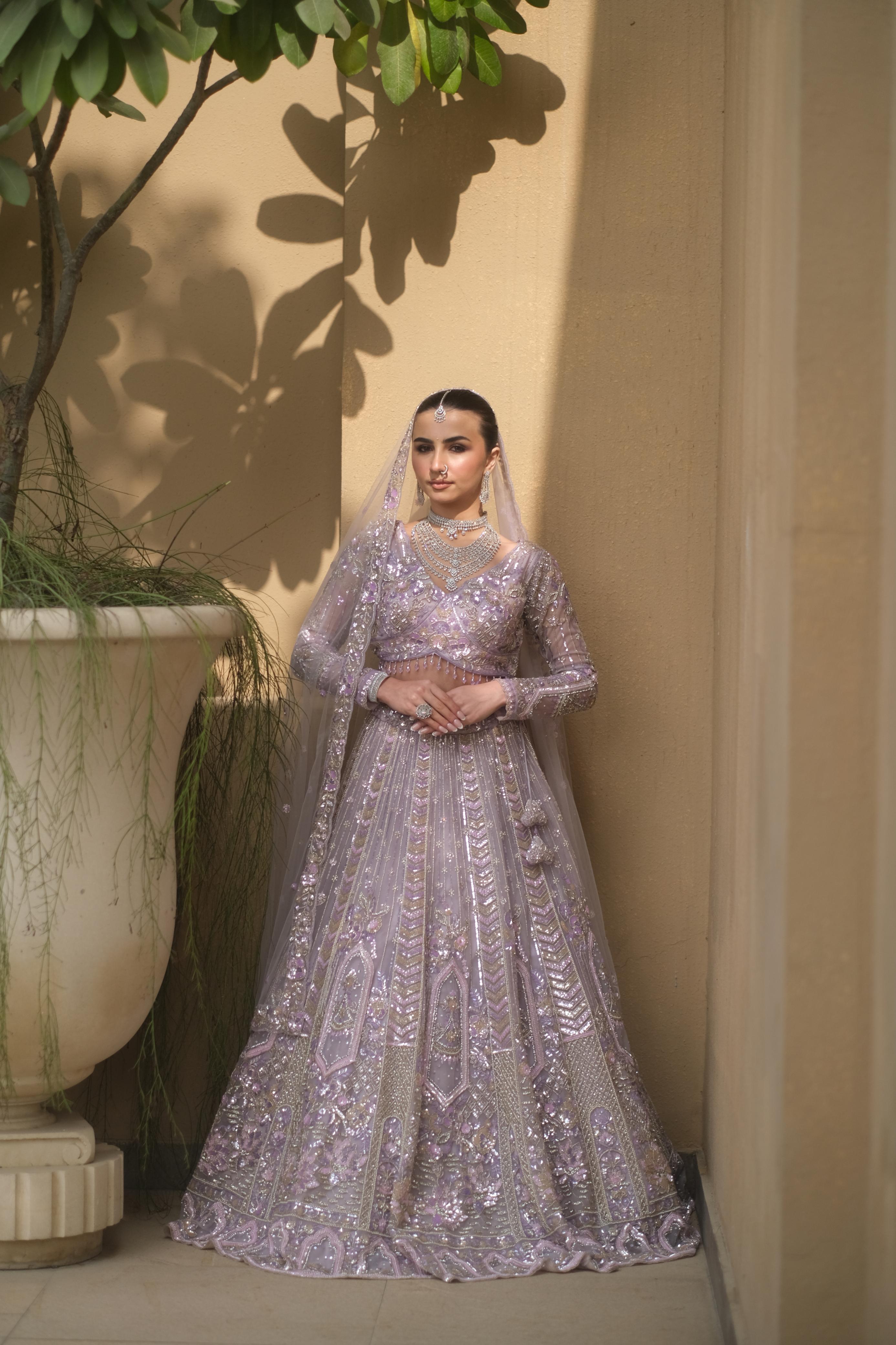 Lilac Net Lehenga with Floral Embellishments