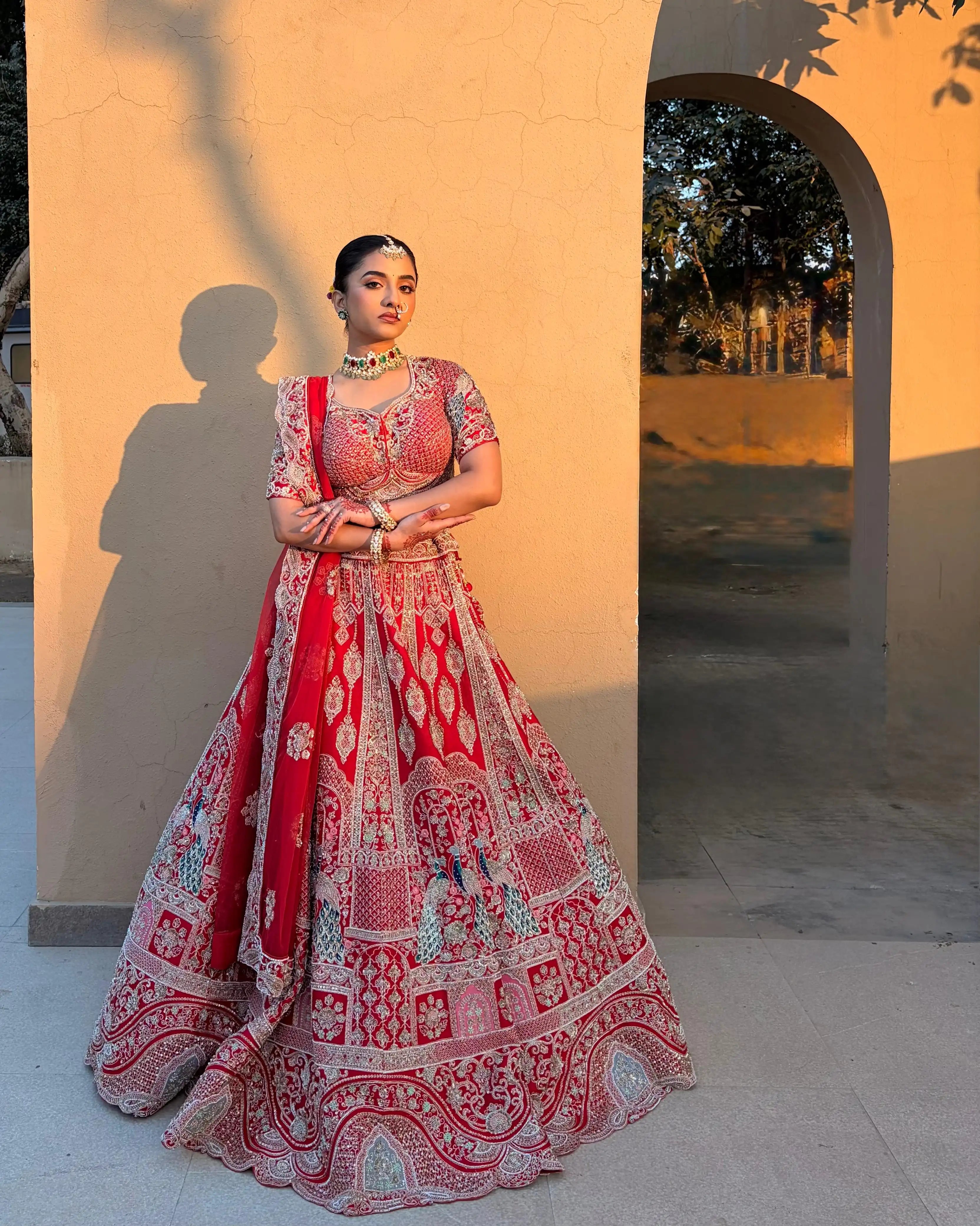 Red Bridal Silk Lehenga with Peacock motifs