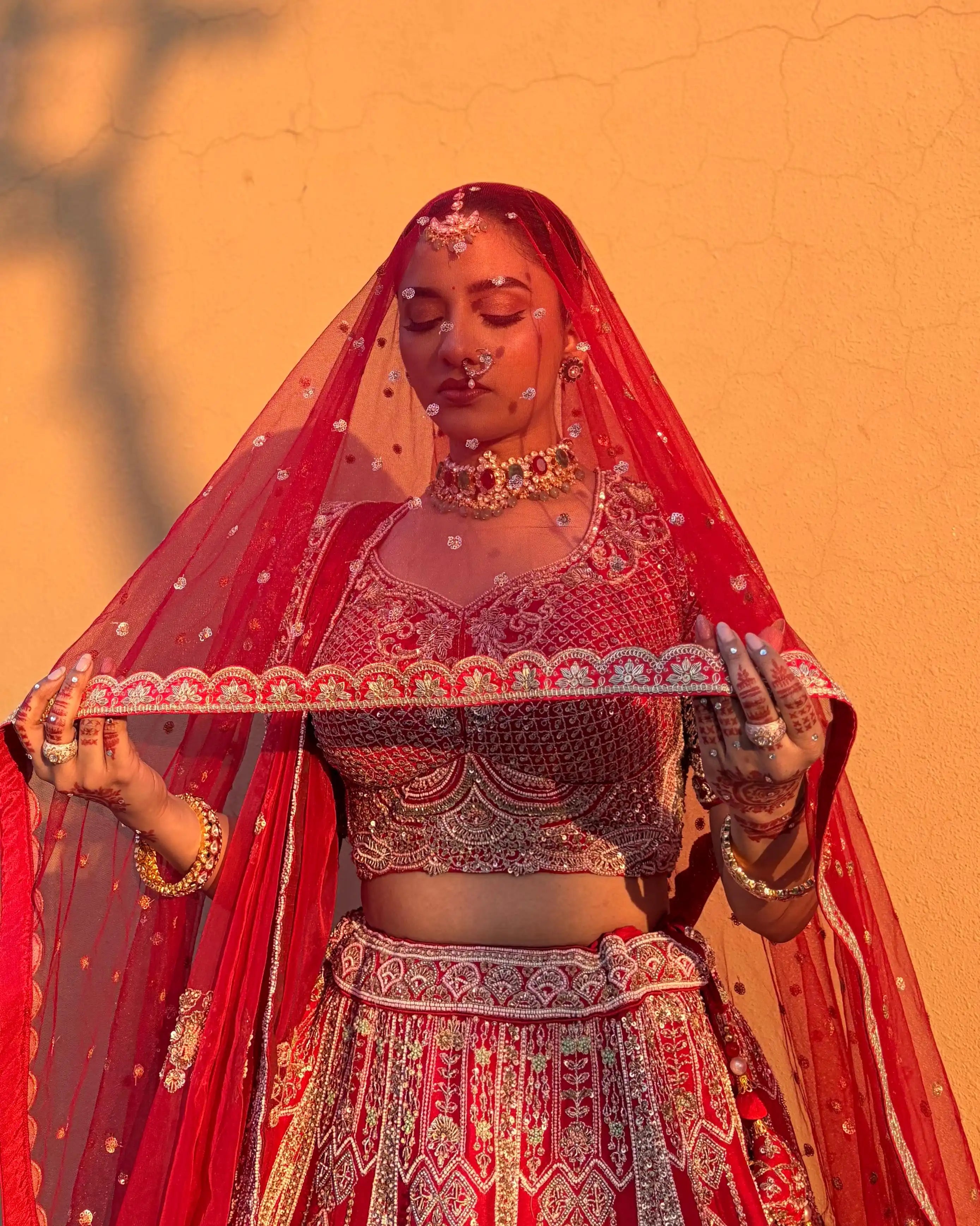 Red Bridal Silk Lehenga with Peacock motifs