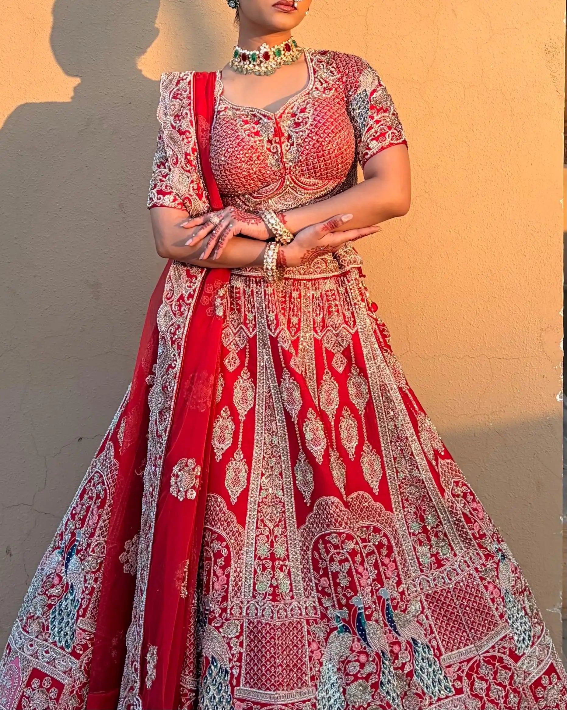 Red Bridal Silk Lehenga with Peacock motifs