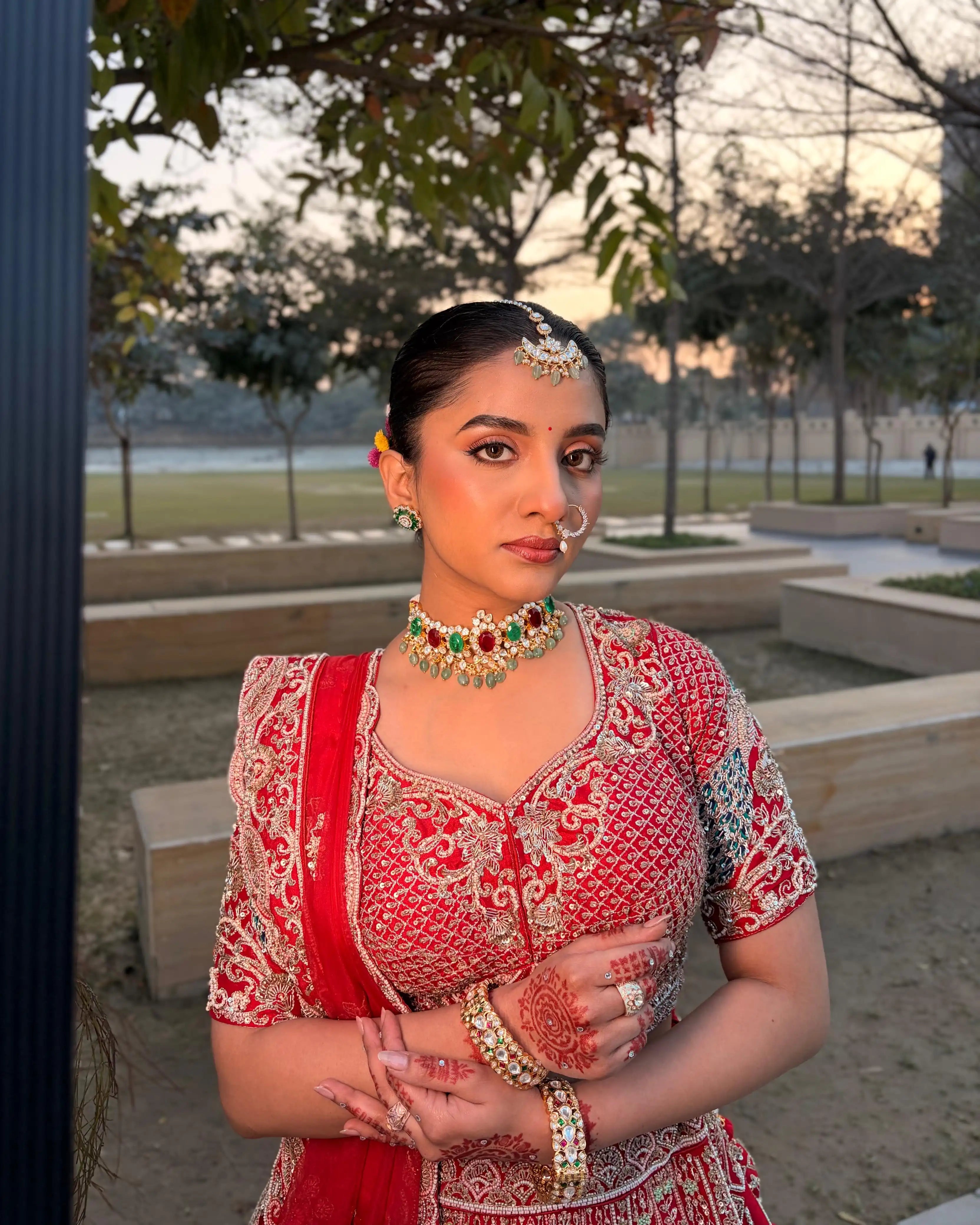 Red Bridal Silk Lehenga with Peacock motifs