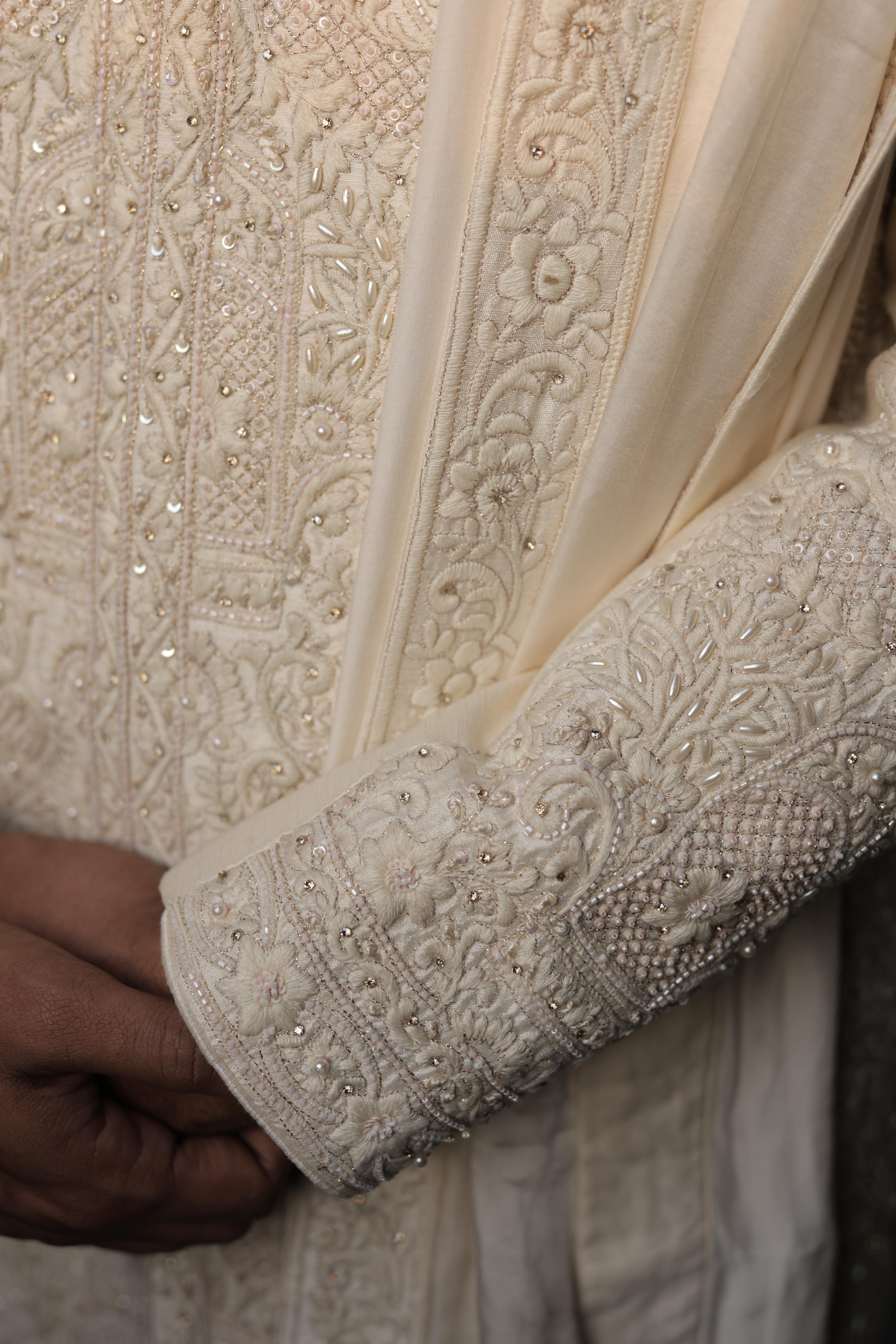 Ivory silk sherwani with intricate embroidery