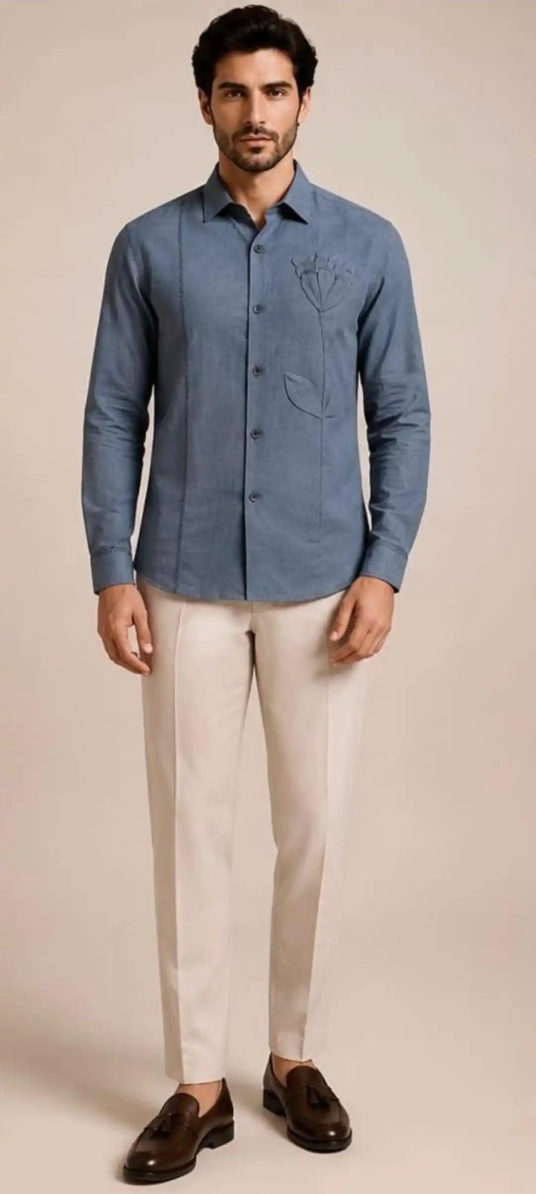 Applique flower linen shirt Embroidery detail
