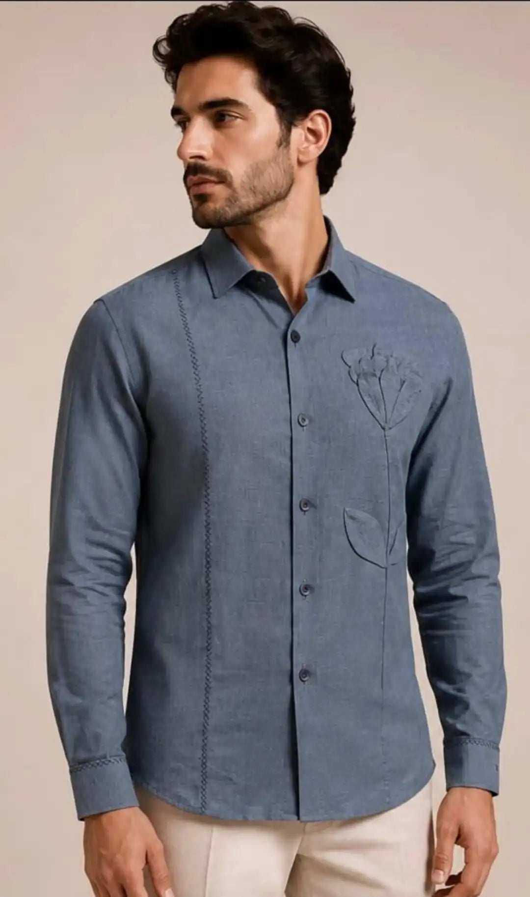 Applique flower linen shirt Embroidery detail