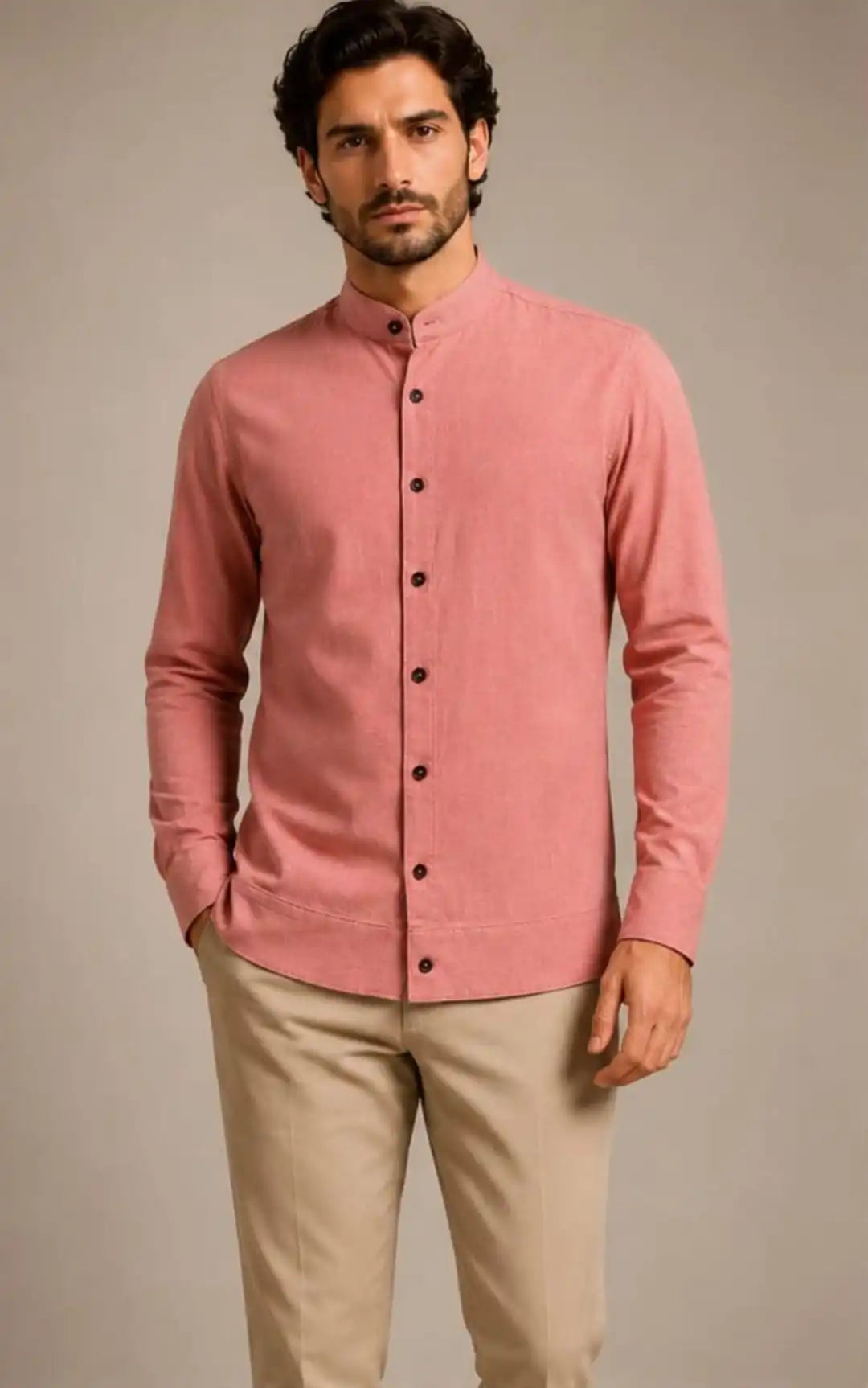 Peach linen shirt, Mandarin collar with contrasting inner lining, thread detail and cuff sleeves