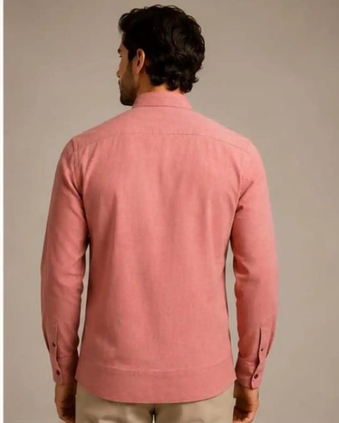 Peach linen shirt, Mandarin collar with contrasting inner lining, thread detail and cuff sleeves