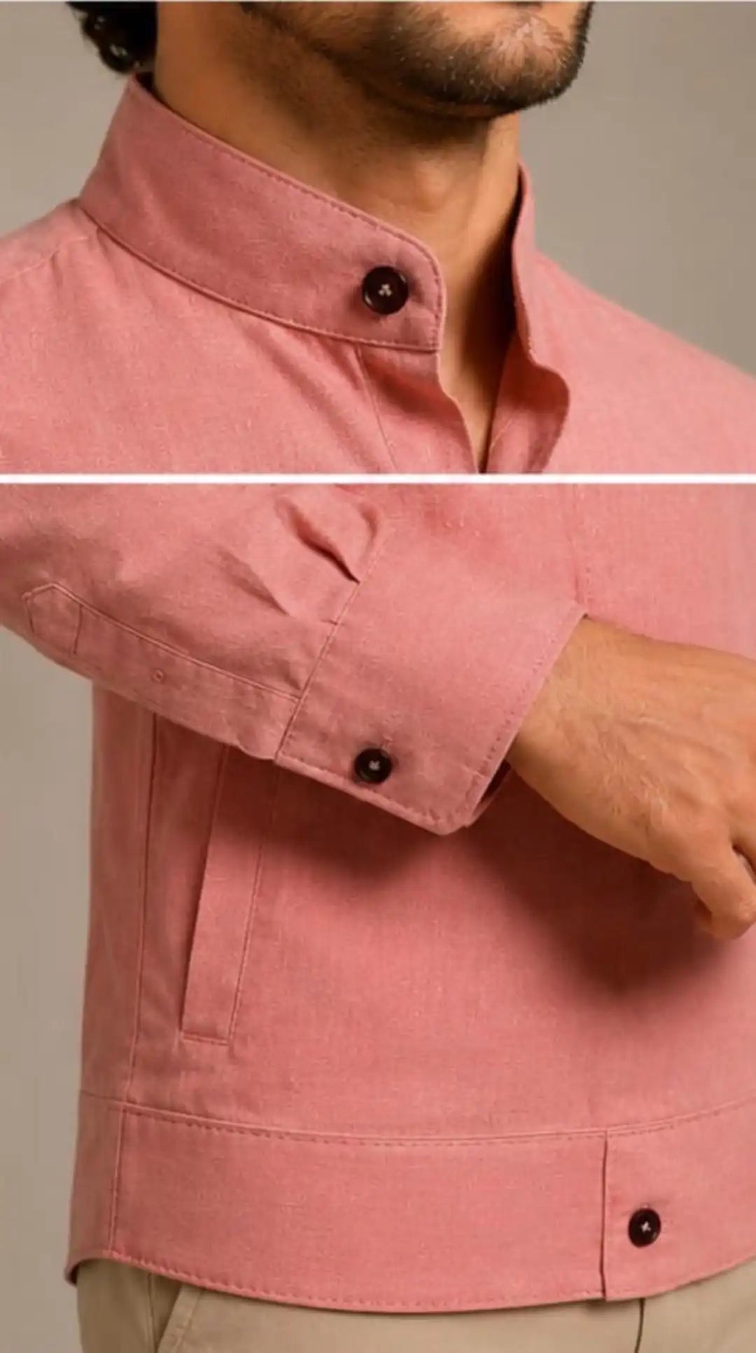 Peach linen shirt, Mandarin collar with contrasting inner lining, thread detail and cuff sleeves