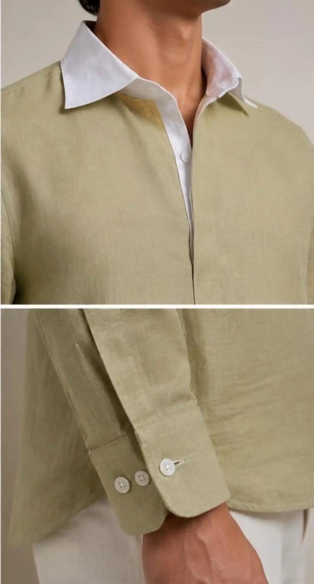 Olive green linen shirt with contrasting white shirt collar detail