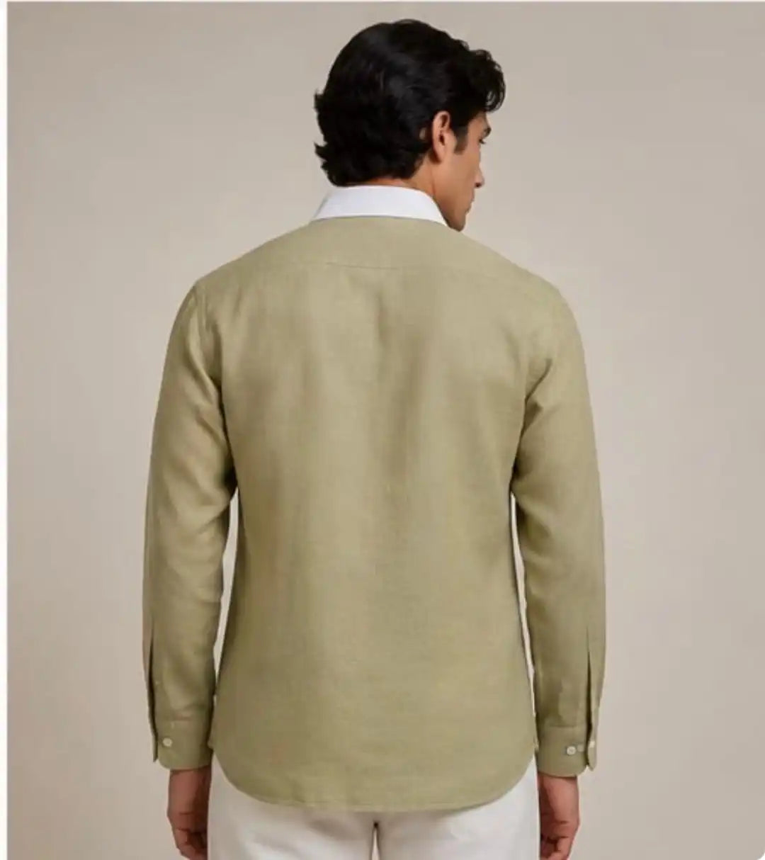 Olive green linen shirt with contrasting white shirt collar detail
