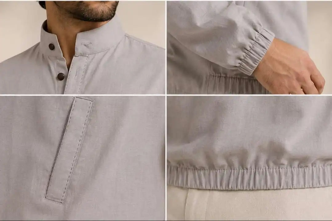 Grey linen shirt with Mandarin collar, wooden buttons and elasticated hem