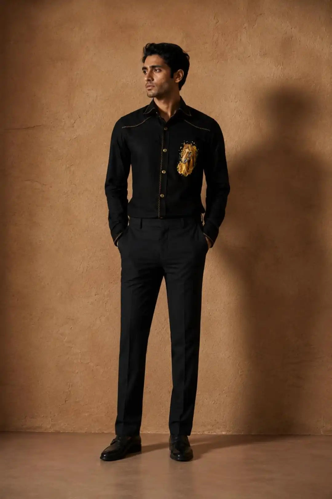 Hand painted black shirt Decorative stitch detailing  Shaded buttons  Painting motif - horse
